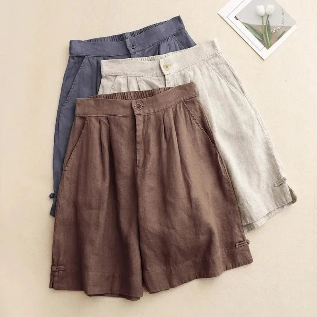 Women's Linen High Waist Shorts - Loose Fit Button Closure - Hudson Harper - Women Short