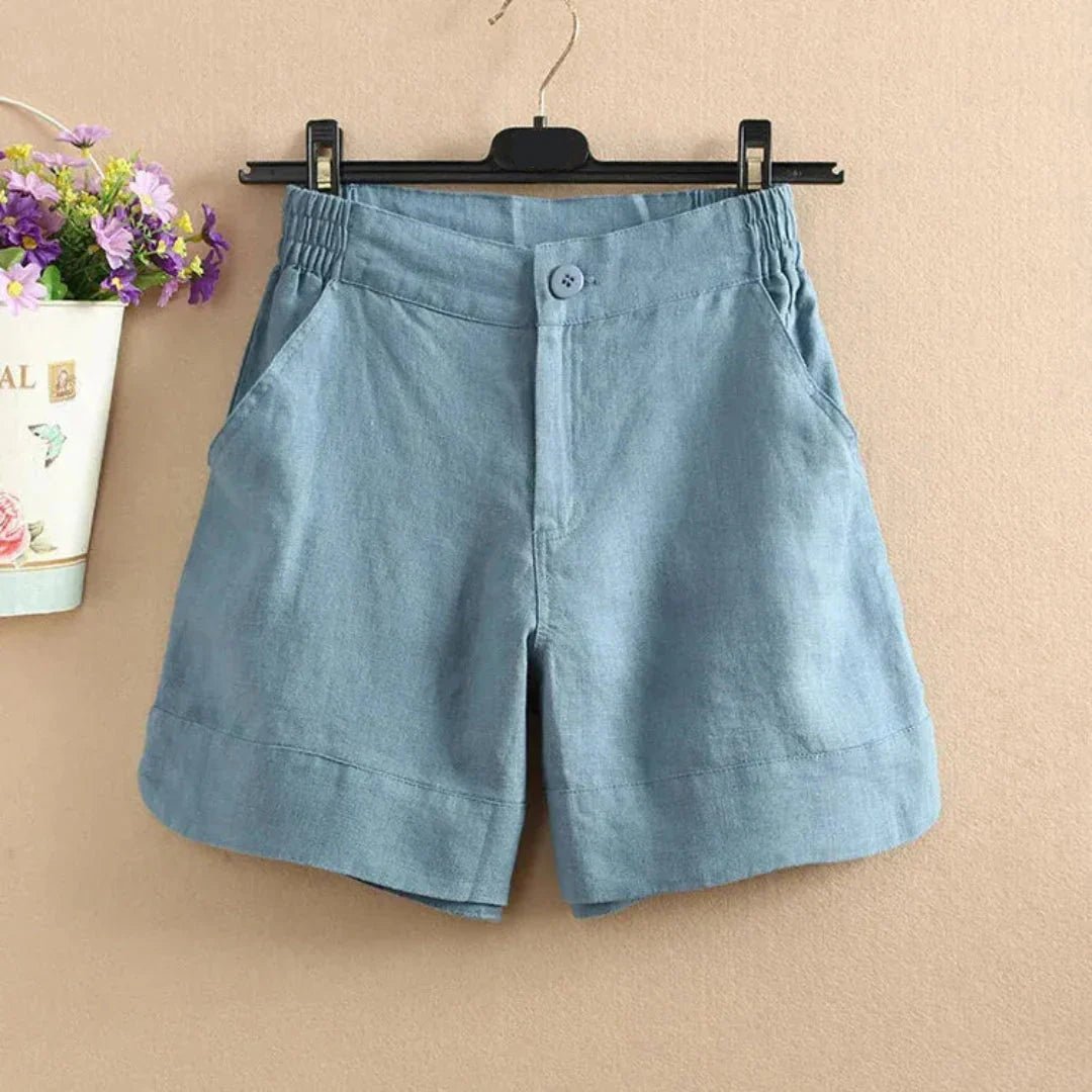 Women's Linen Loose Fit Shorts - Mid Length Button Closure - Hudson Harper - Women Short