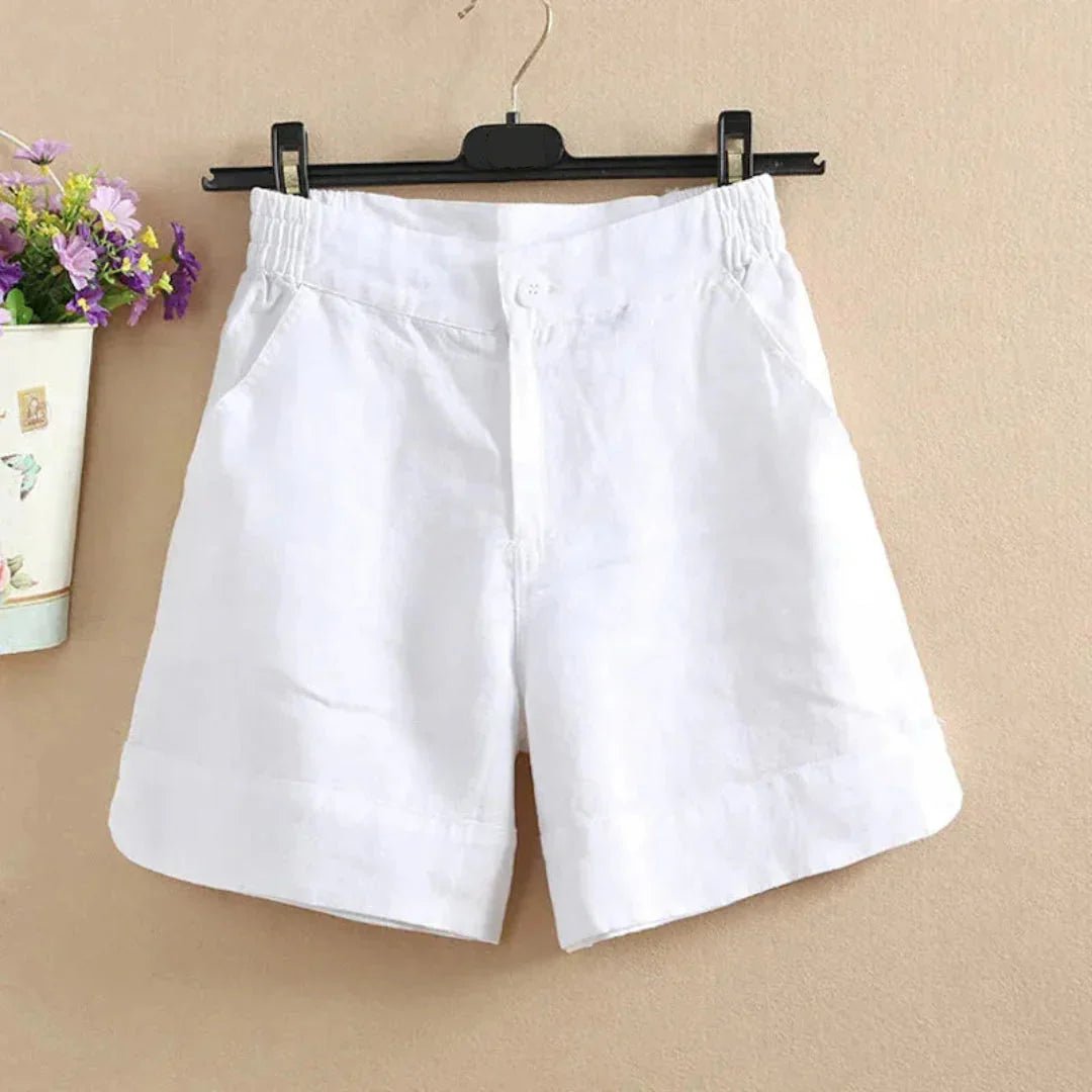 Women's Linen Loose Fit Shorts - Mid Length Button Closure - Hudson Harper - Women Short