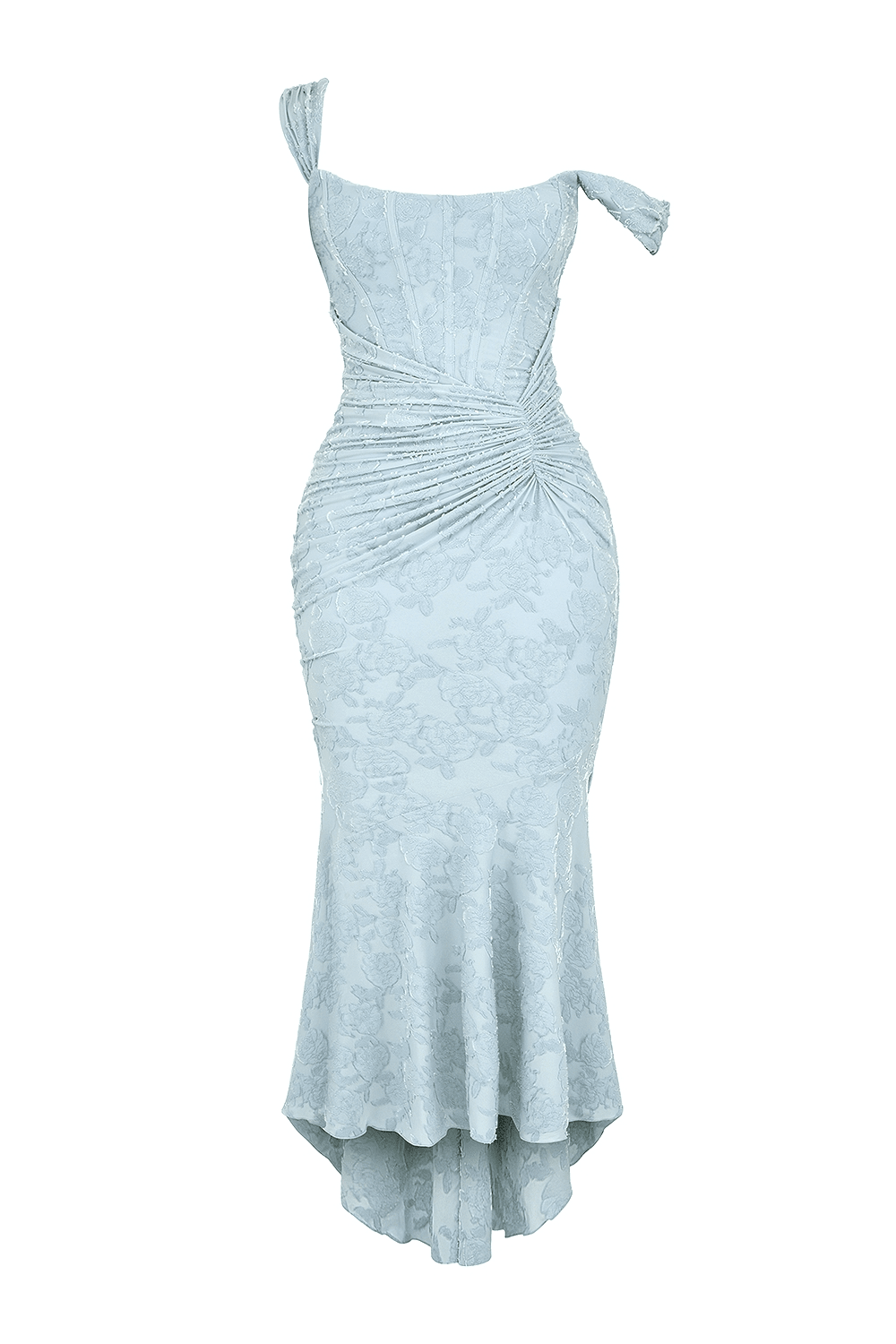 Women's Maxi Dress — Fitted Bodice Ruched Waist High - Low Hem - Hudson Harper - Women Maxi Dress