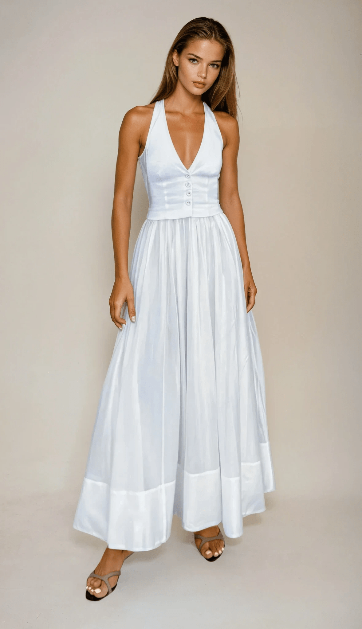 Women's Maxi Dress — Fitted V - Neckline Front Button Detail Design - Hudson Harper - Women Maxi Dress