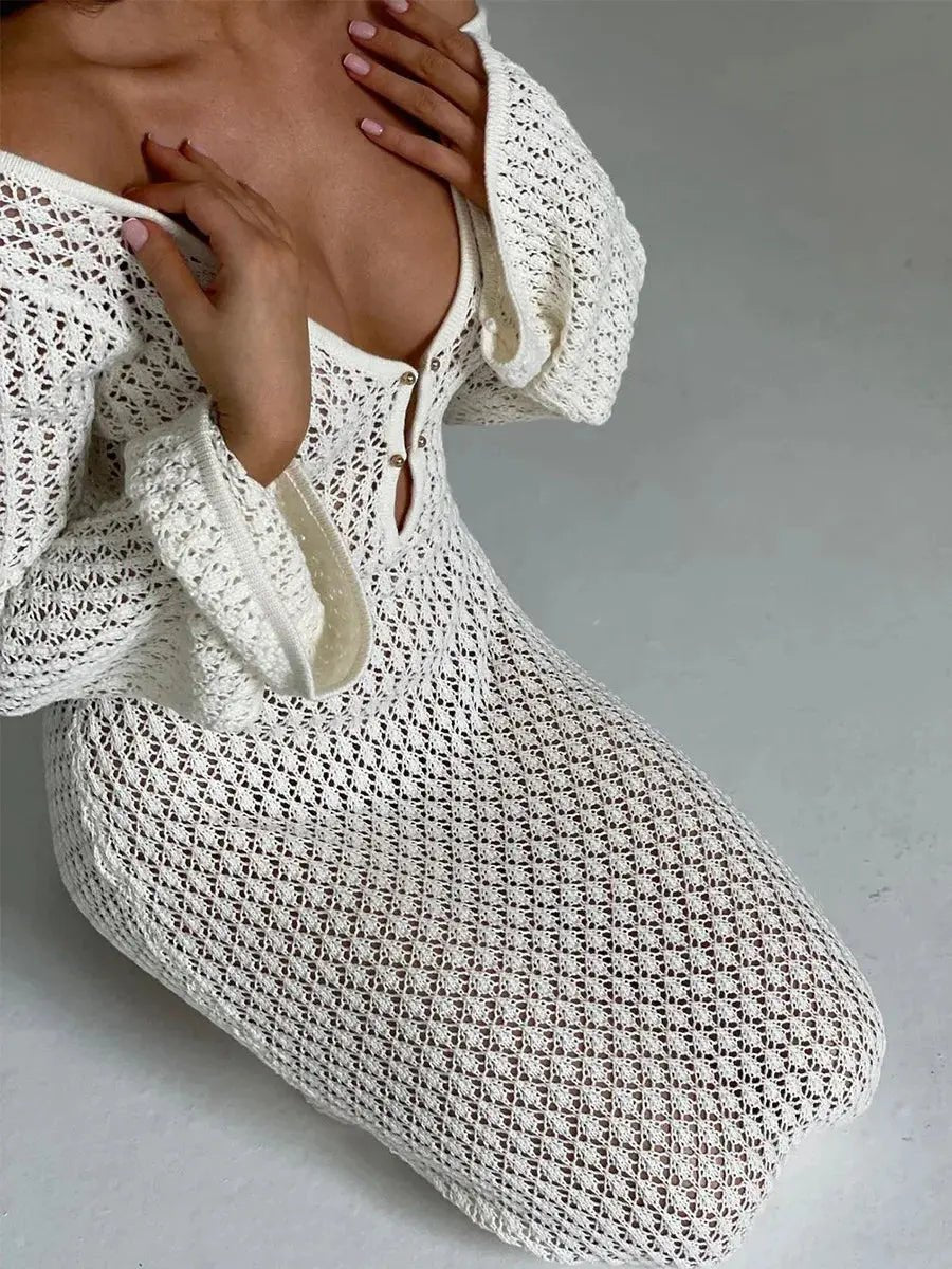 Women's Maxi Dress — Long Sleeve Keyhole Neckline Full Length - Hudson Harper - Women Maxi Dress