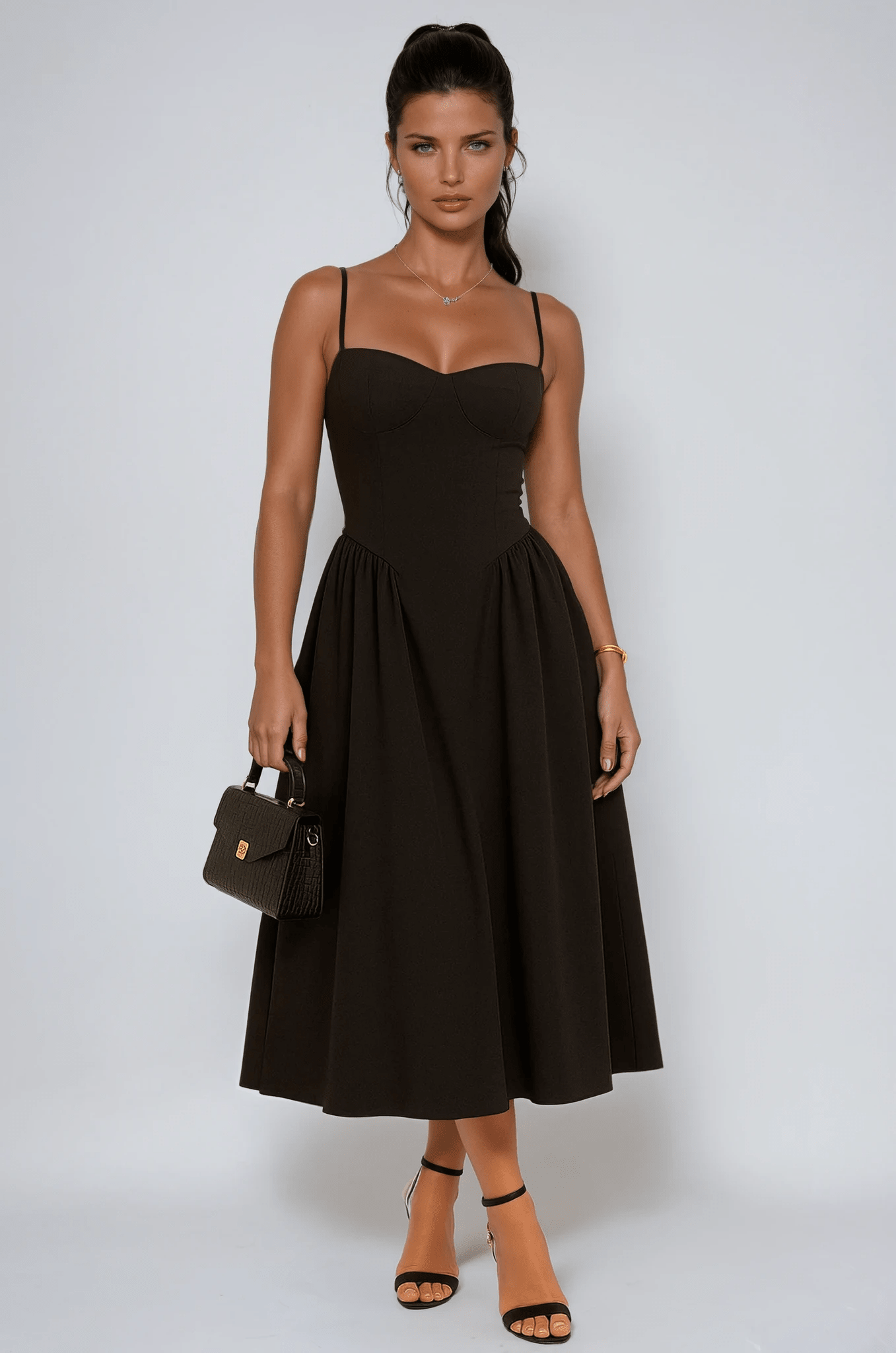 Women's Maxi Dress — Pleated Skater Sweetheart Neckline Design - Hudson Harper - Women Maxi Dress