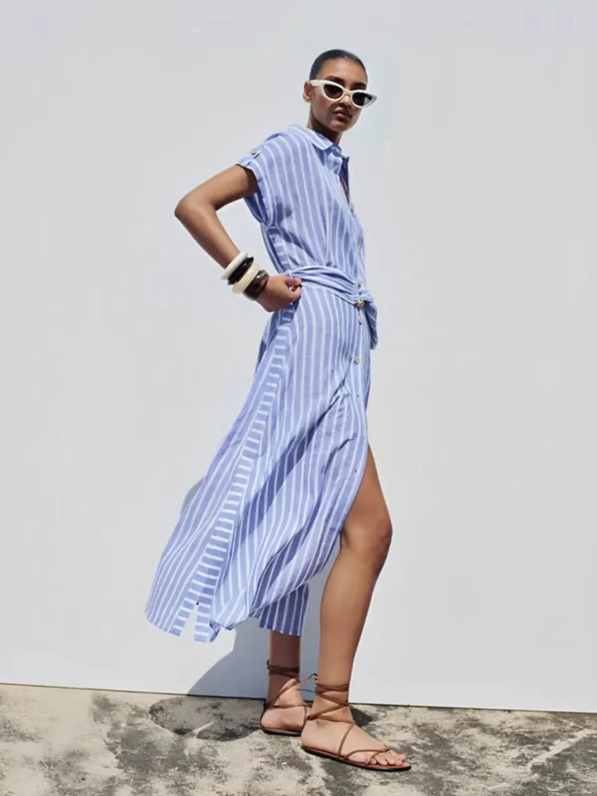 Women's Maxi Dress — Striped Short Sleeve Button - Front Tie Waist - Hudson Harper - Women Maxi Dress