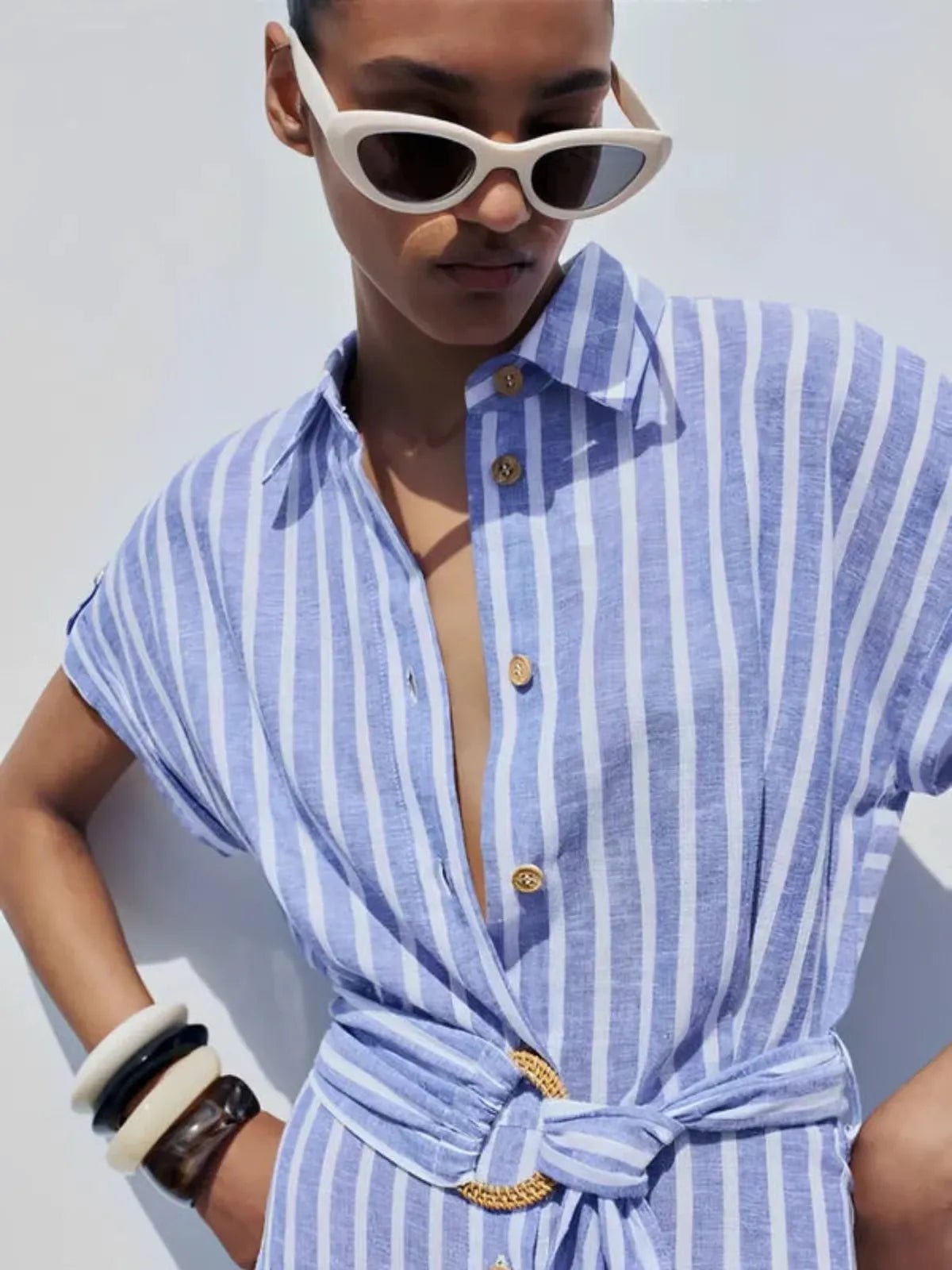 Women's Maxi Dress — Striped Short Sleeve Button - Front Tie Waist - Hudson Harper - Women Maxi Dress