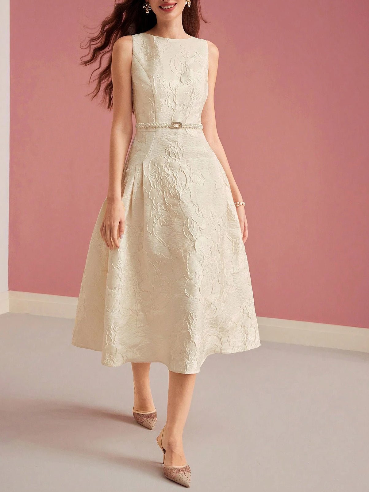 Women's Midi Dress — A - Line Fit Boat Neckline Sleeveless Belt - Hudson Harper - Women Midi Dress