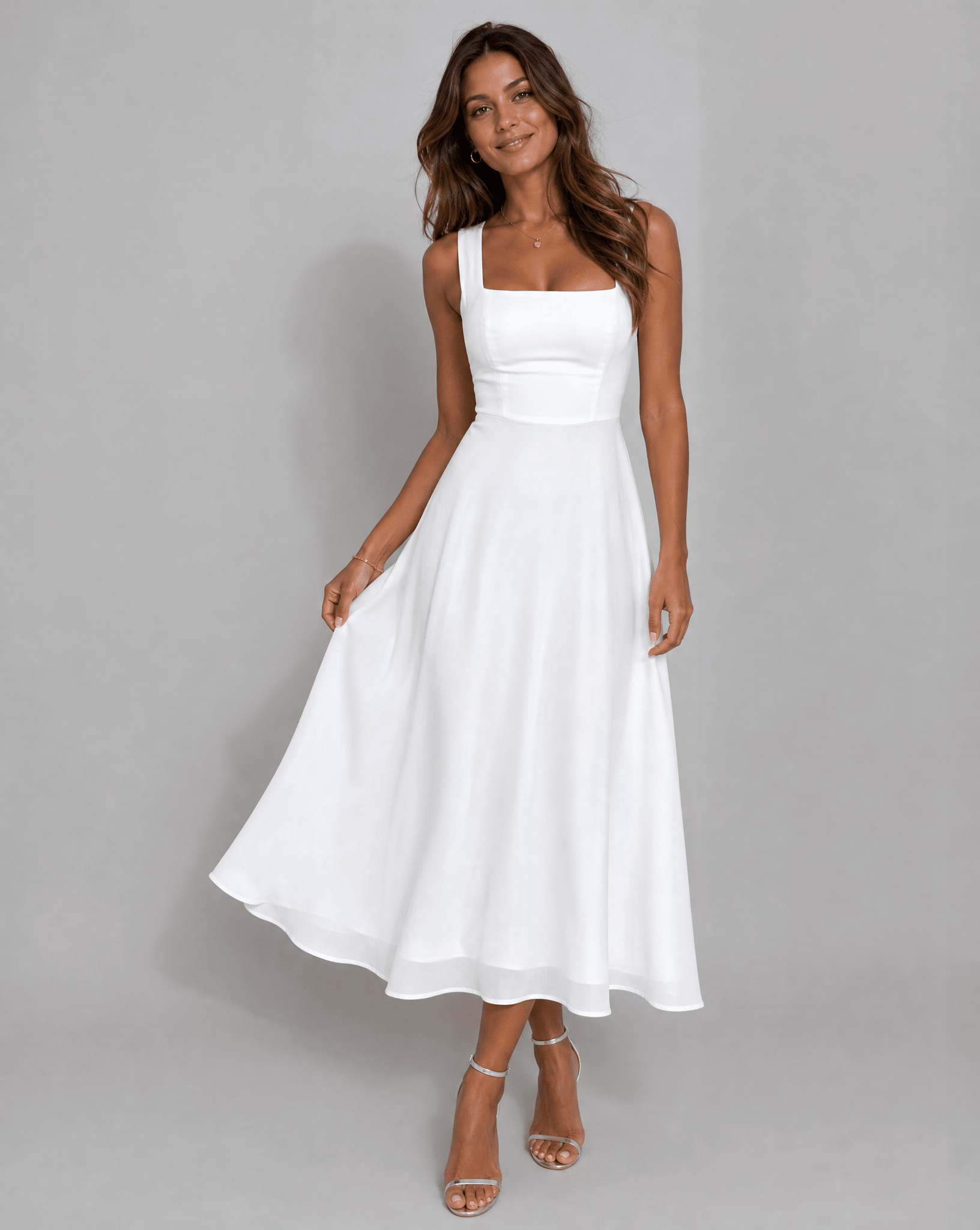 Women's Midi Dress — A - Line Structure Square Neckline Sleeveless - Hudson Harper - Women Midi Dress
