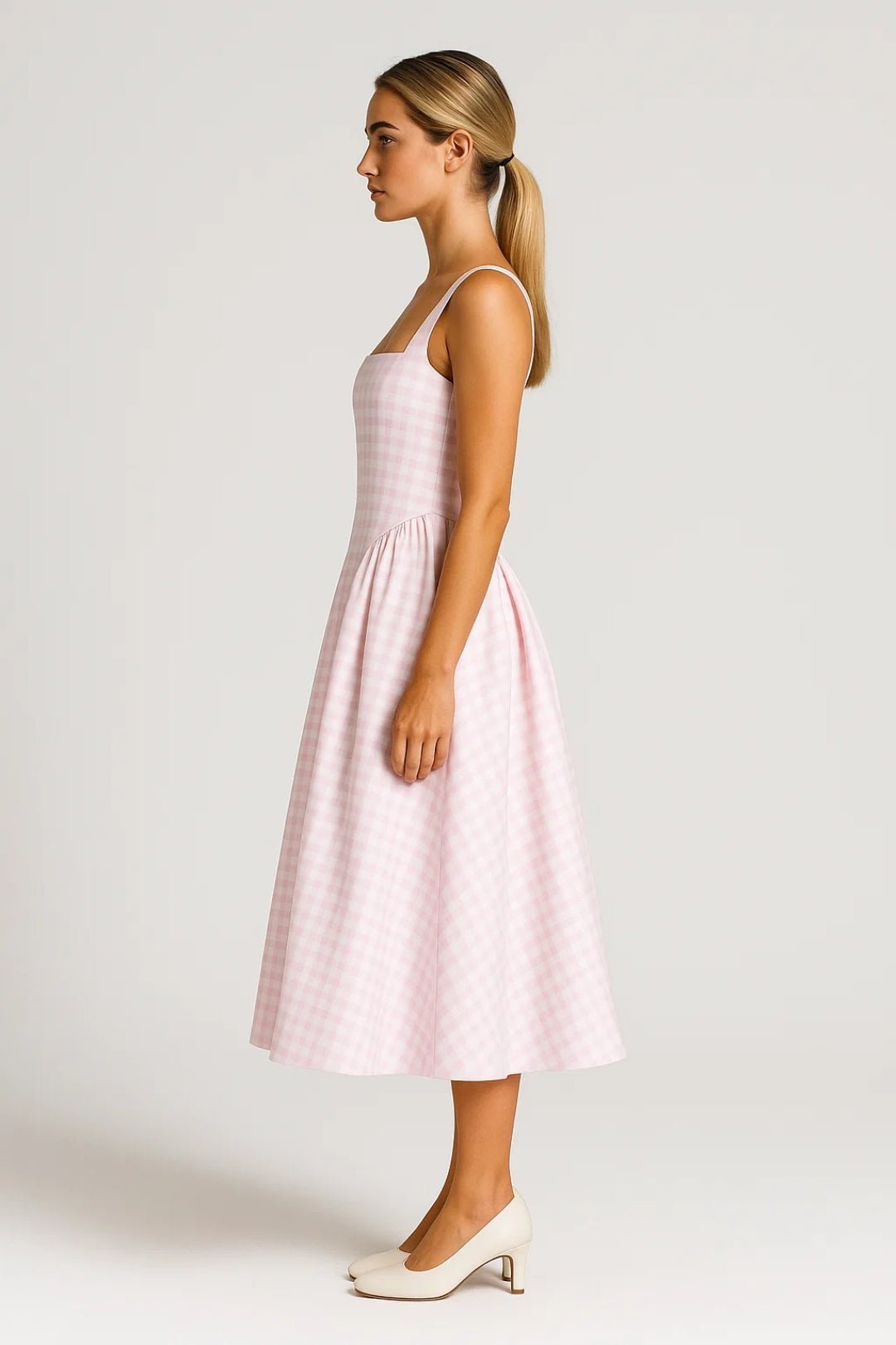 Women's Midi Dress — Checked Print Spaghetti Straps Flared Skirt - Hudson Harper - Women Midi Dress