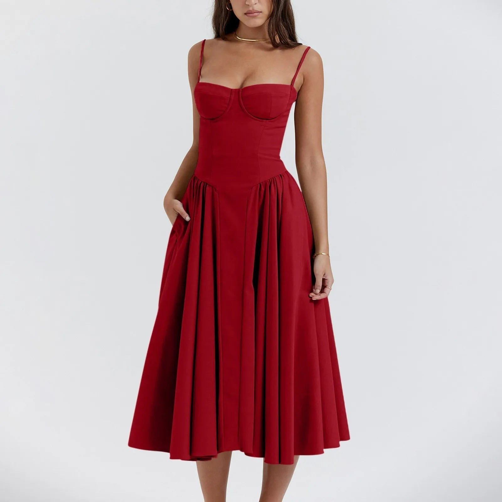 Women's Midi Dress — Corset Bodice Pleated Gathered Skirt - Hudson Harper - Women Midi Dress