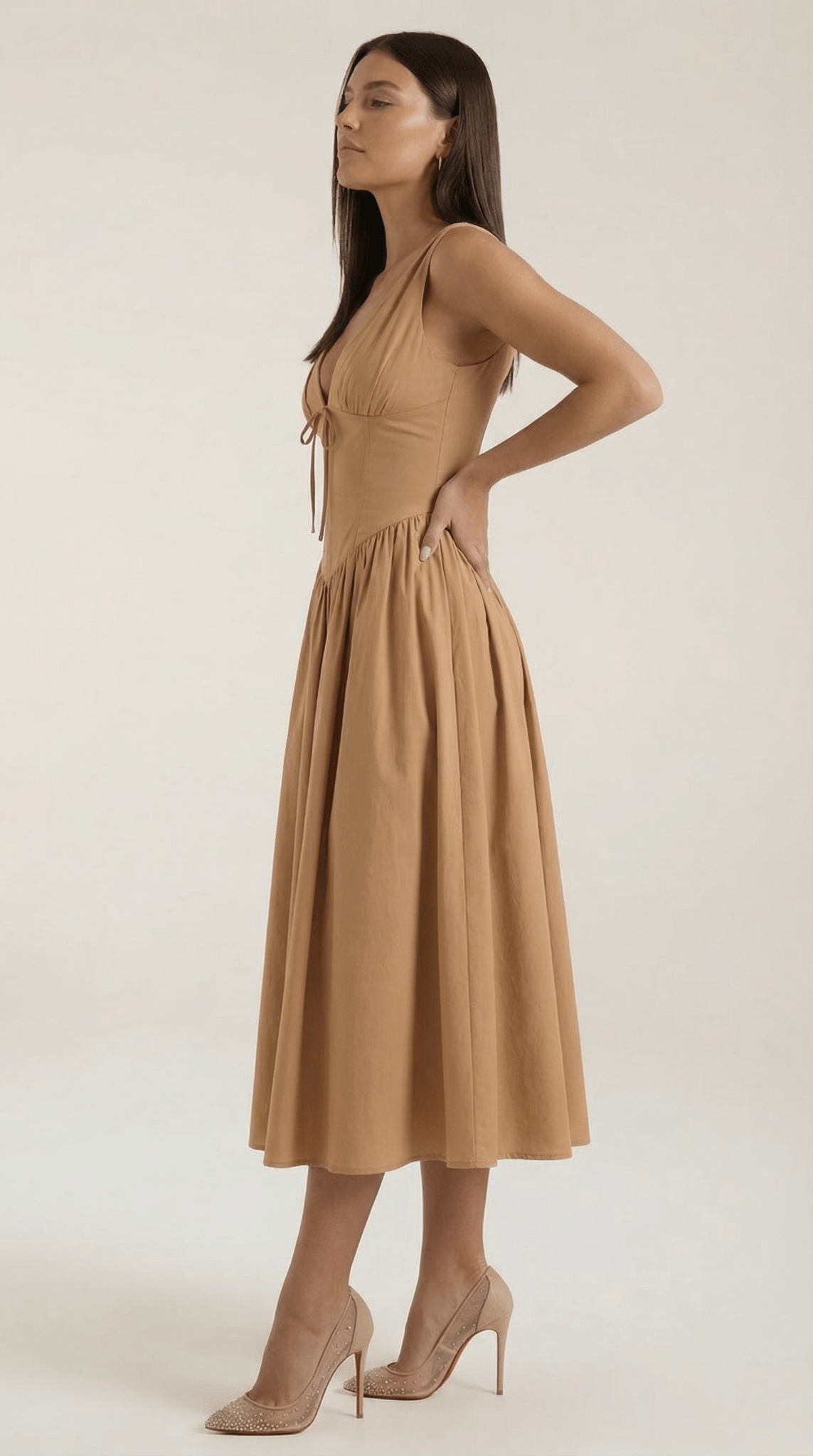 Women's Midi Dress - Fitted Bodice & V - Neckline - Hudson Harper - Women Midi Dress