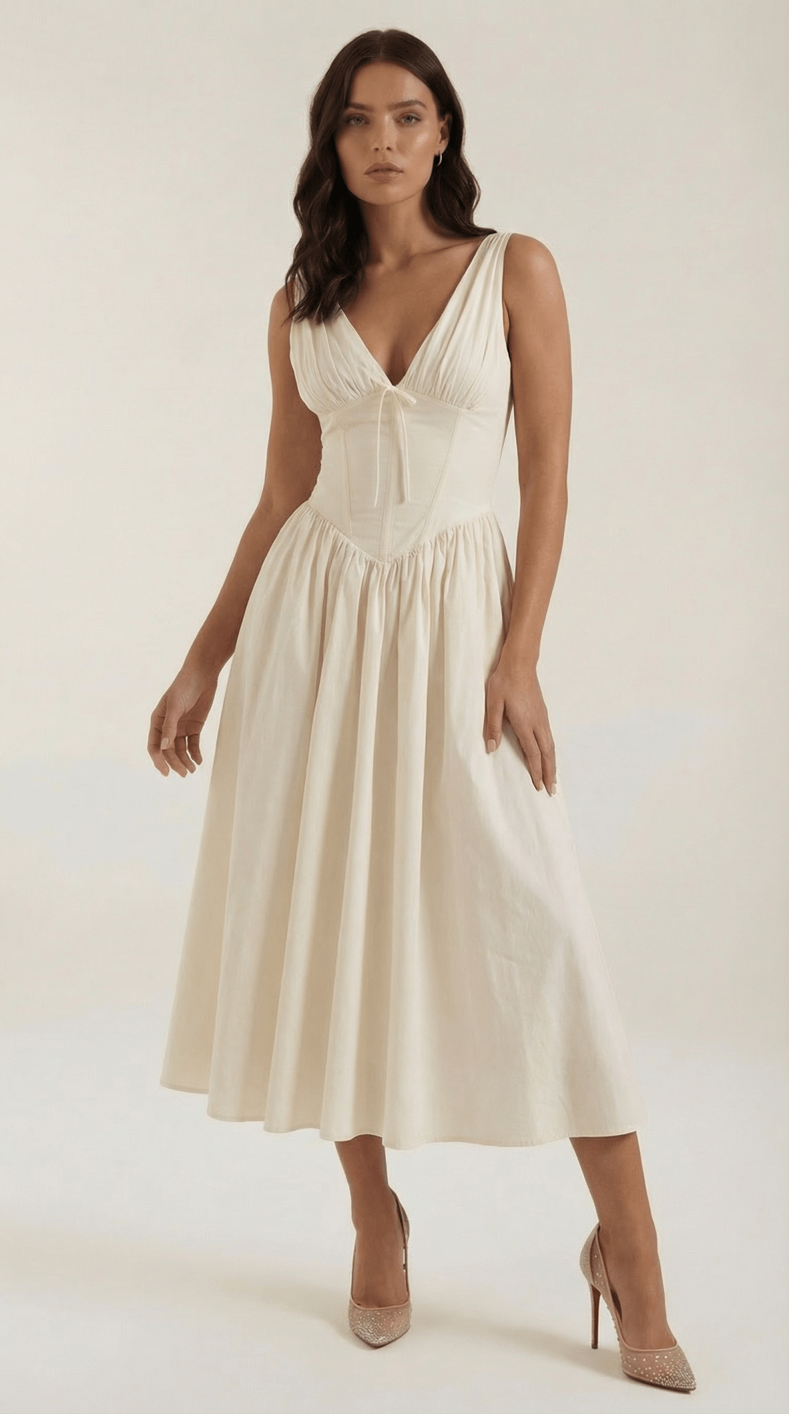 Women's Midi Dress - Fitted Bodice & V - Neckline - Hudson Harper - Women Midi Dress