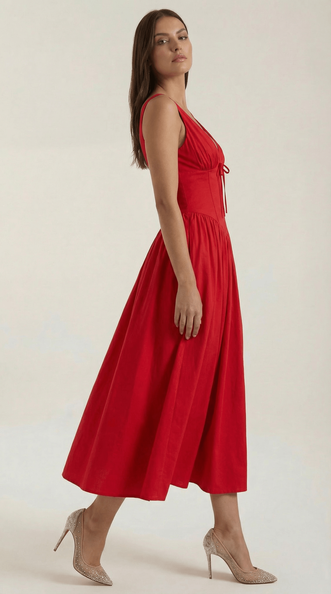 Women's Midi Dress - Fitted Bodice & V - Neckline - Hudson Harper - Women Midi Dress