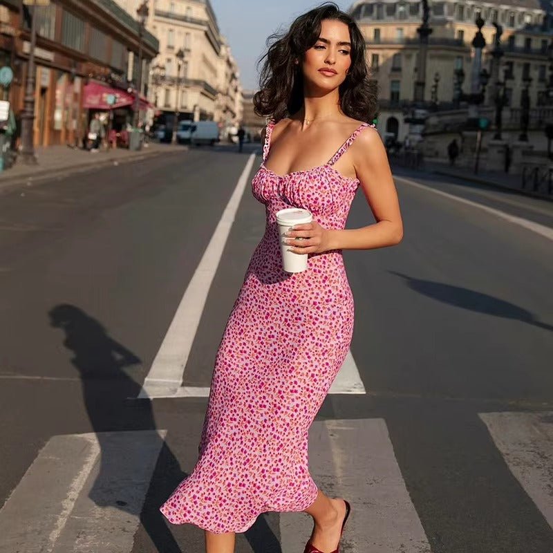 Women's Midi Dress — Floral Print Ruffle Straps Sleeveless Fit - Hudson Harper - Women Midi Dress
