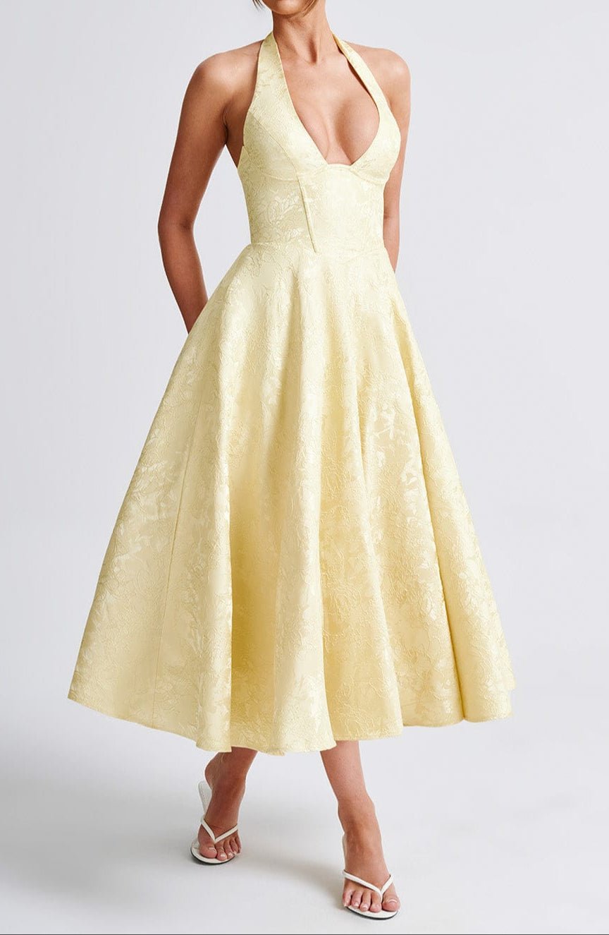 Women's Midi Dress — Halter Plunge Front Floral Jacquard Detail - Hudson Harper - Women Midi Dress