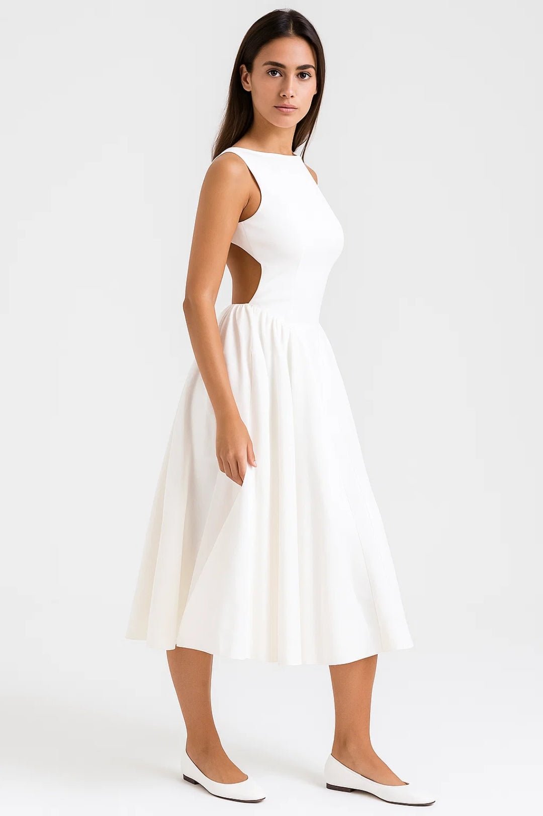 Women's Midi Dress — Open Back Short Sleeve Fitted Waist Design - Hudson Harper - Women Midi Dress