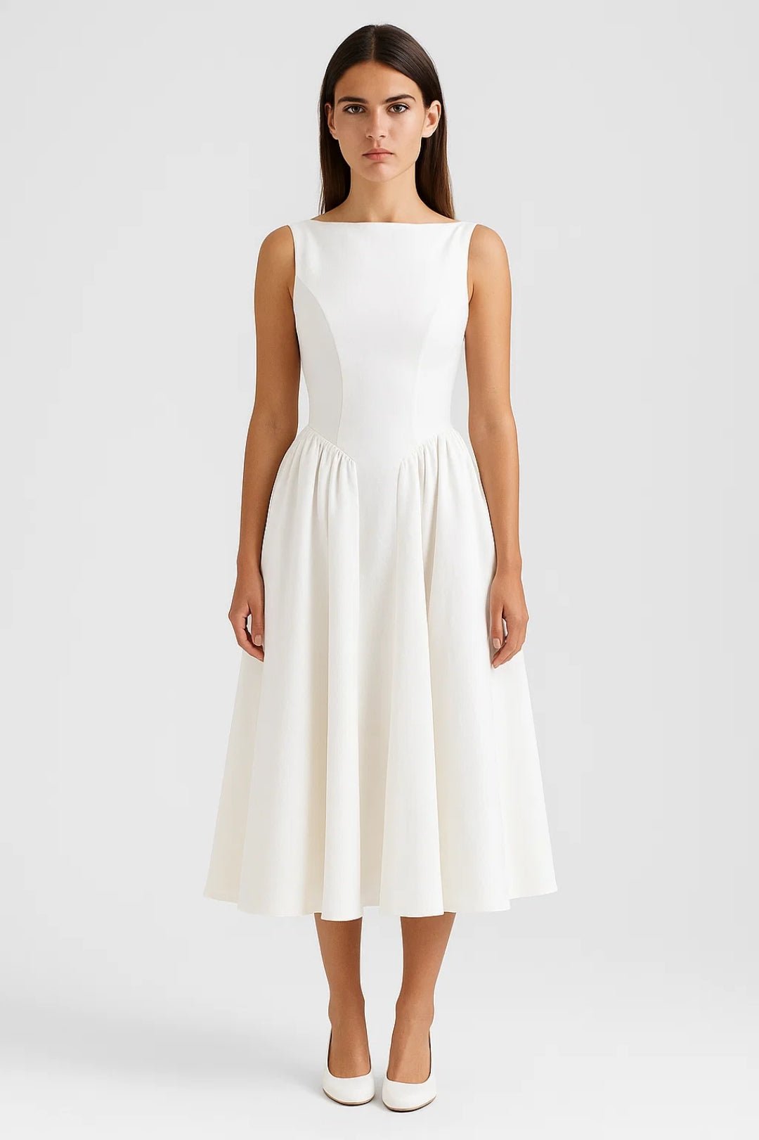 Women's Midi Dress — Open Back Short Sleeve Fitted Waist Design - Hudson Harper - Women Midi Dress