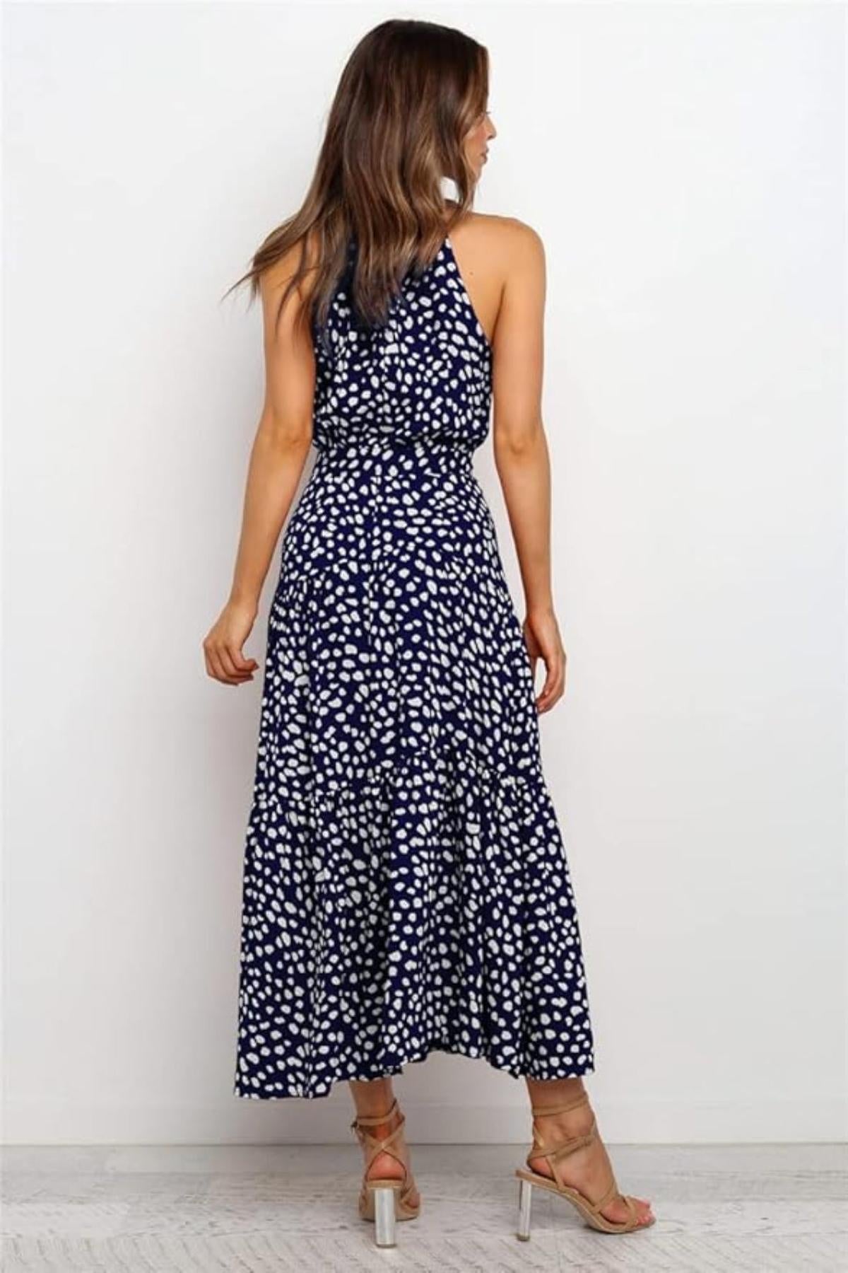 Women's Midi Dress — Polka Dot Halter Neckline Tie Waist Design - Hudson Harper - Women Midi Dress