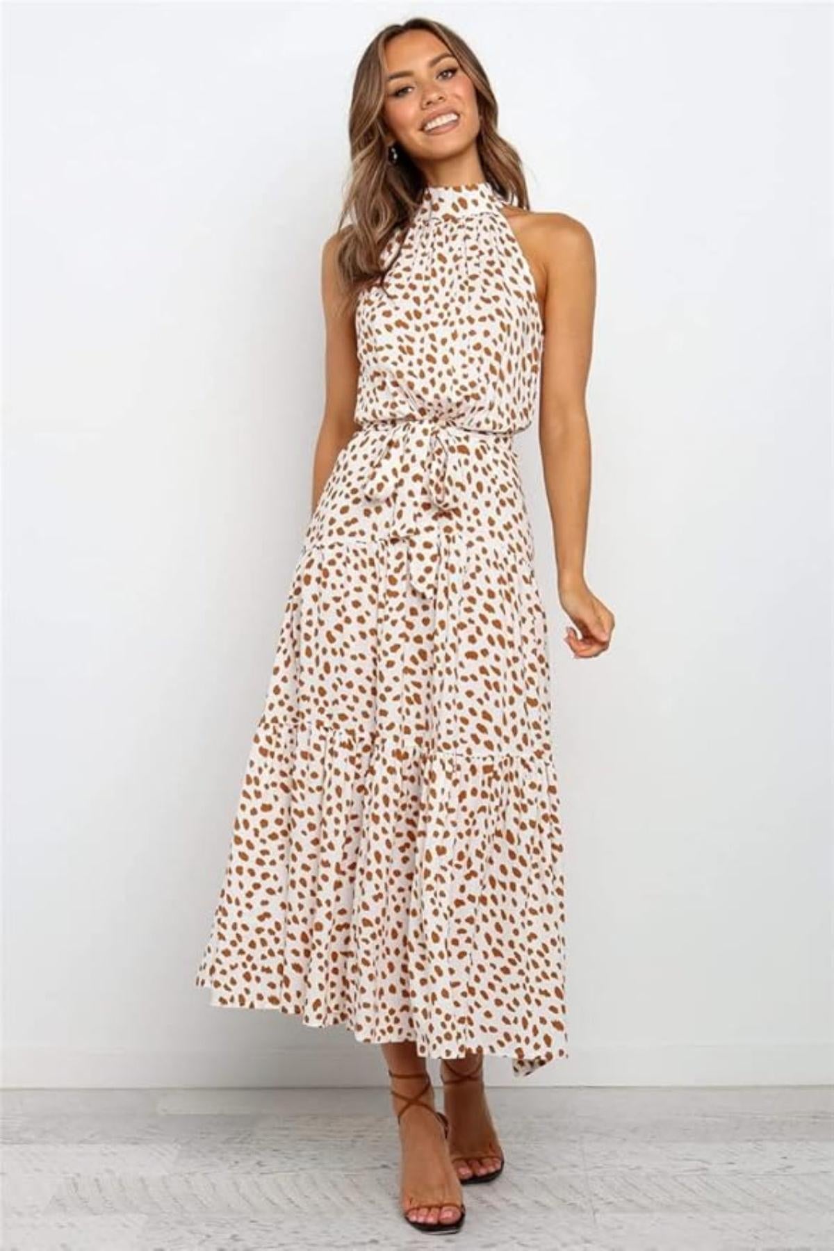 Women's Midi Dress — Polka Dot Halter Neckline Tie Waist Design - Hudson Harper - Women Midi Dress