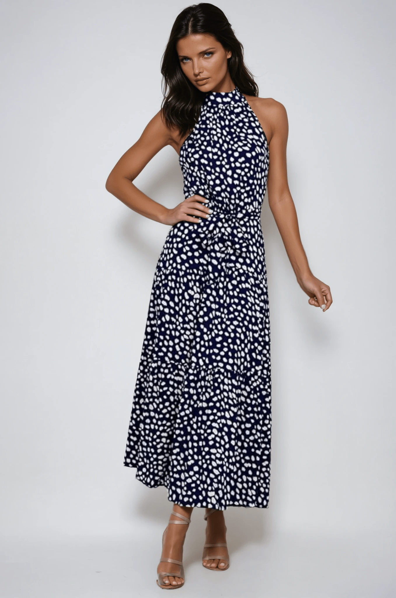Women's Midi Dress — Polka Dot Halter Neckline Tie Waist Design - Hudson Harper - Women Midi Dress