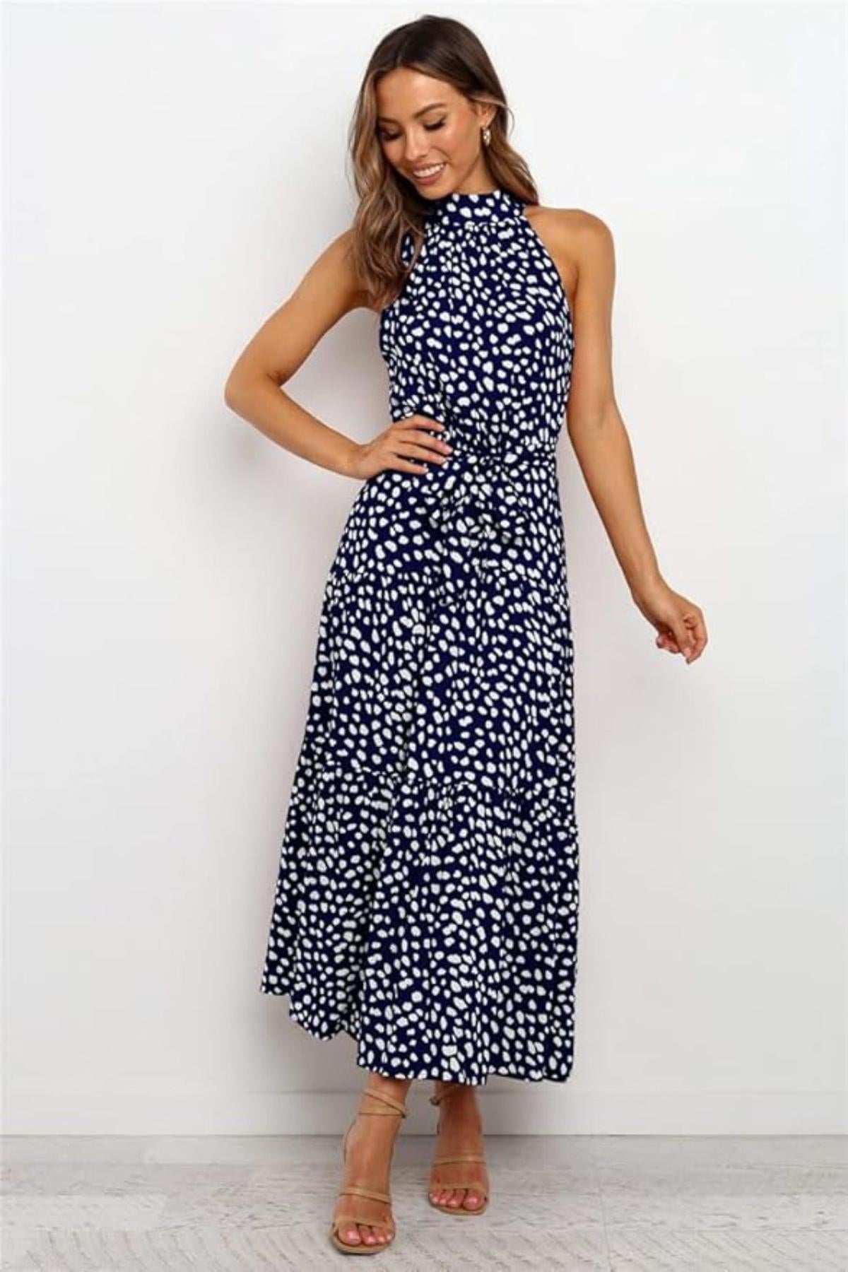 Women's Midi Dress — Polka Dot Halter Neckline Tie Waist Design - Hudson Harper - Women Midi Dress