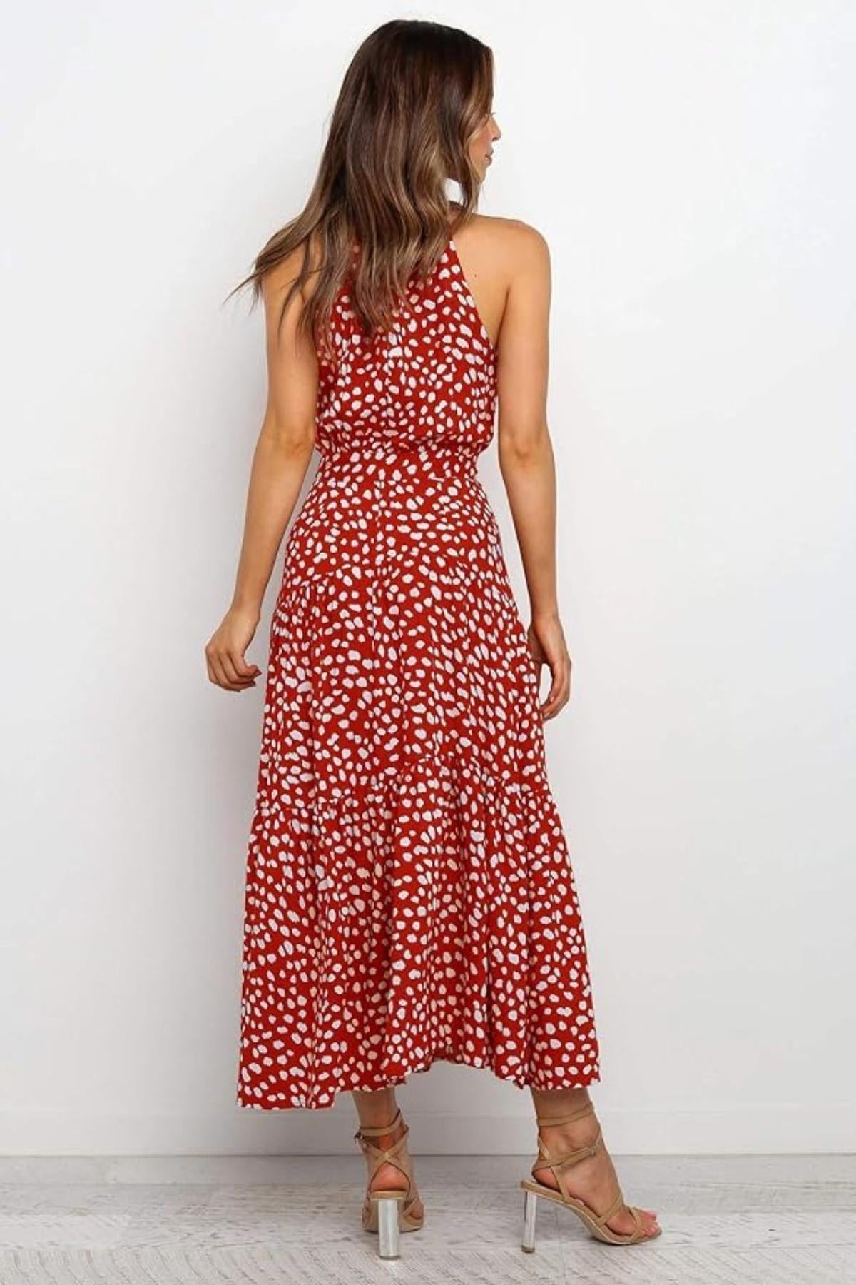 Women's Midi Dress — Polka Dot Halter Neckline Tie Waist Design - Hudson Harper - Women Midi Dress