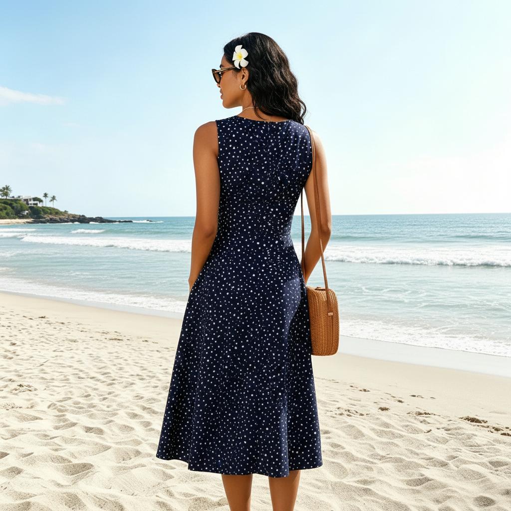 Women's Midi Dress — Sleeveless Polka Dot Fit & Flare Design - Hudson Harper - Women Midi Dress