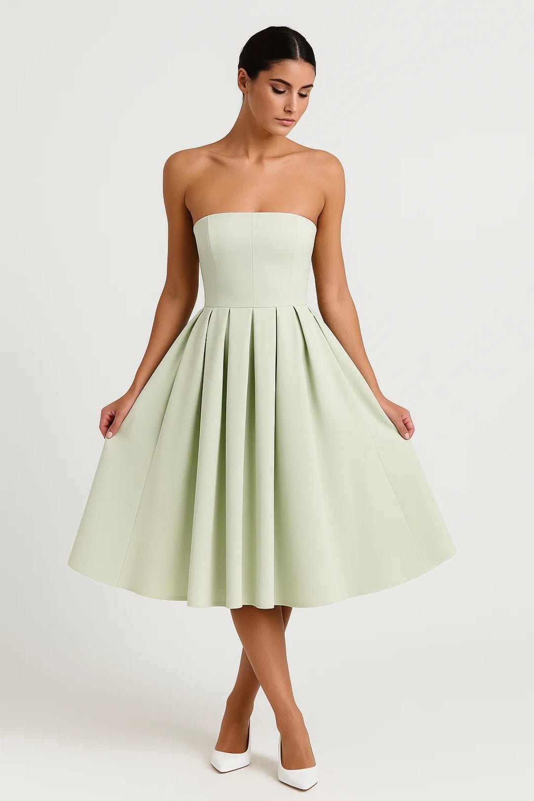 Women's Midi Dress — Strapless Fitted Bodice Flared Skirt Design - Hudson Harper - Women Midi Dress