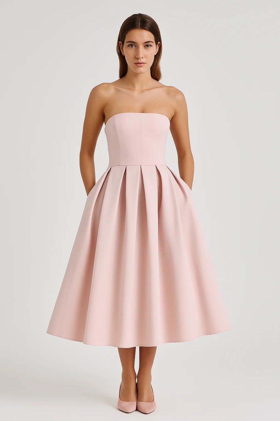 Women's Midi Dress — Strapless Fitted Bodice Flared Skirt Design - Hudson Harper - Women Midi Dress