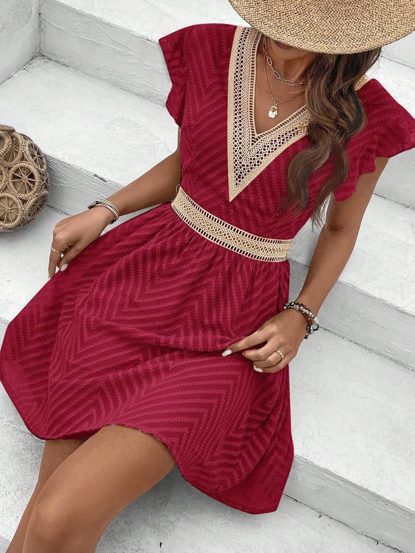 Women's Midi Dress — V - Neck Short Sleeve Crochet Trim Design - Hudson Harper - Women Midi Dress