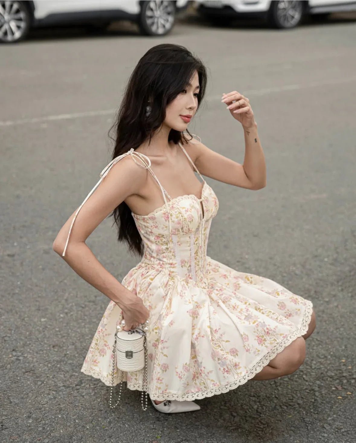 Women's Mini Dress — Lace Stitching Tie Waist Corset Bodice - Hudson Harper - Women Mini Dress