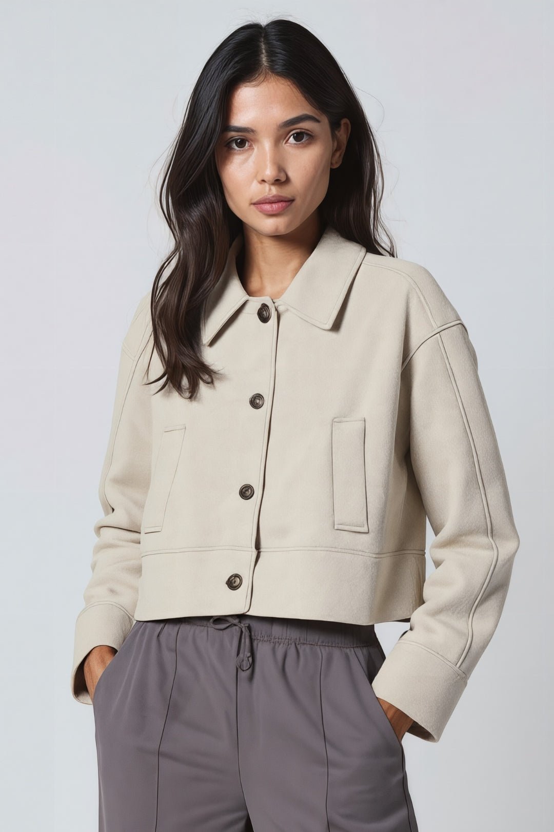 Women's Short Coat — Straight Fit Button Closure Patch Pocket - Hudson Harper - Women Coat