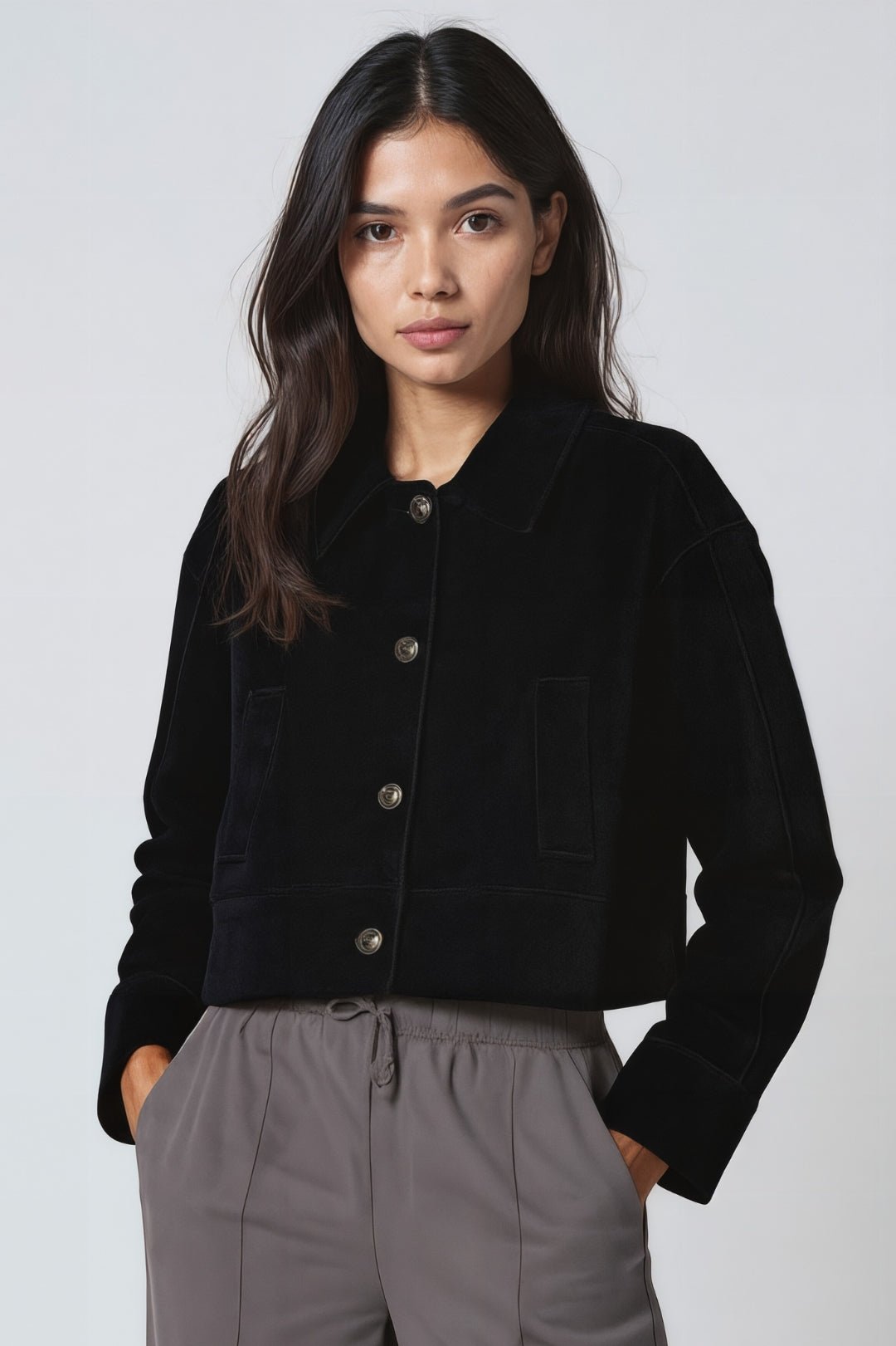 Women's Short Coat — Straight Fit Button Closure Patch Pocket - Hudson Harper - Women Coat