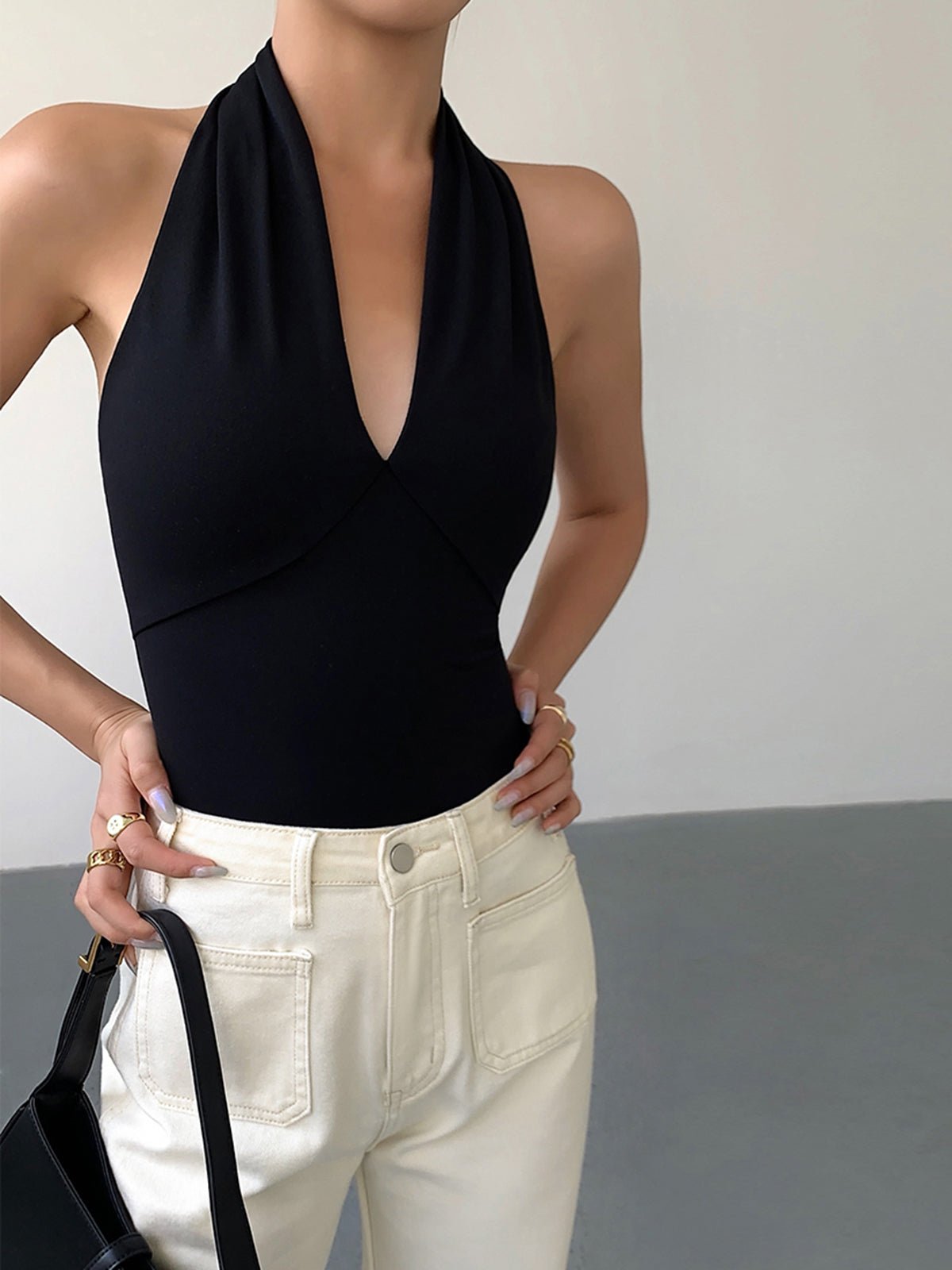 Women's Tank Top — Halter Neck Plunging V - Neck Open Back - Hudson Harper - Women Top
