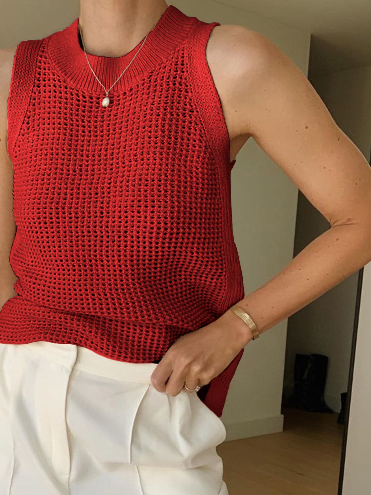 Women's Tank Top — Sleeveless Openwork Ribbed Collar Detail - Hudson Harper - Women Top