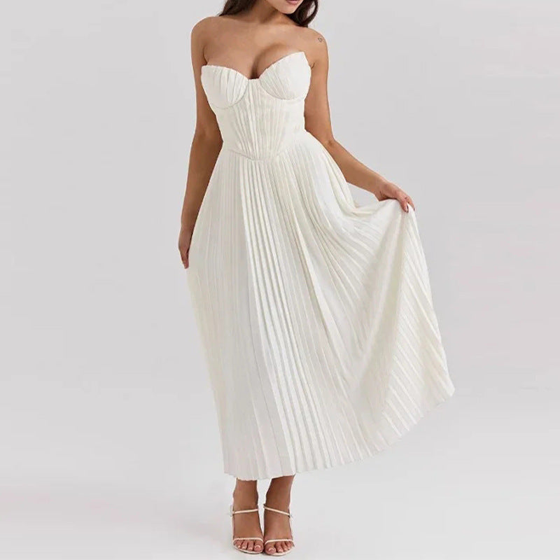 Women's Midi Dress — Strapless Sleeveless Pleated Bodice & Skirt