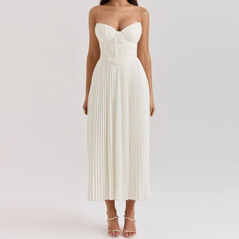 Women's Midi Dress — Strapless Sleeveless Pleated Bodice & Skirt