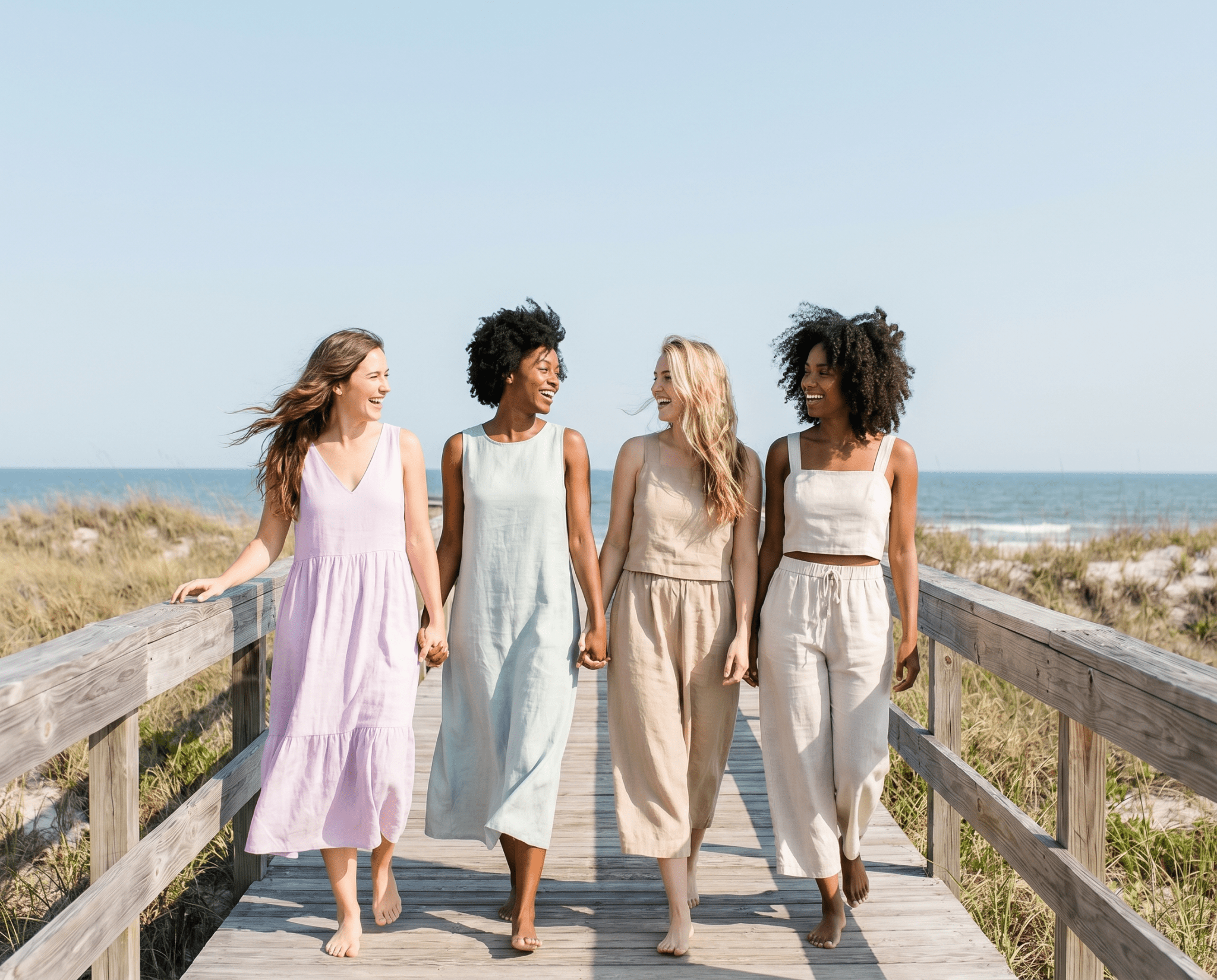 Four women walking hand in hand on a wooden boardwalk by the beach.