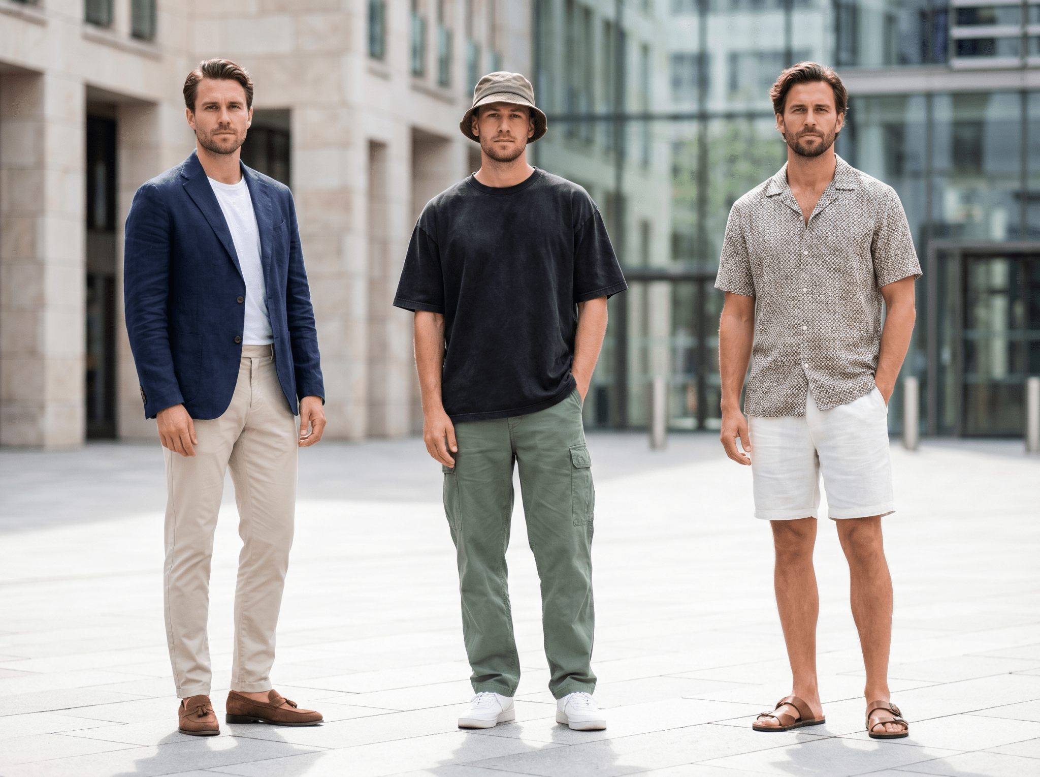 Three men standing in a modern urban setting