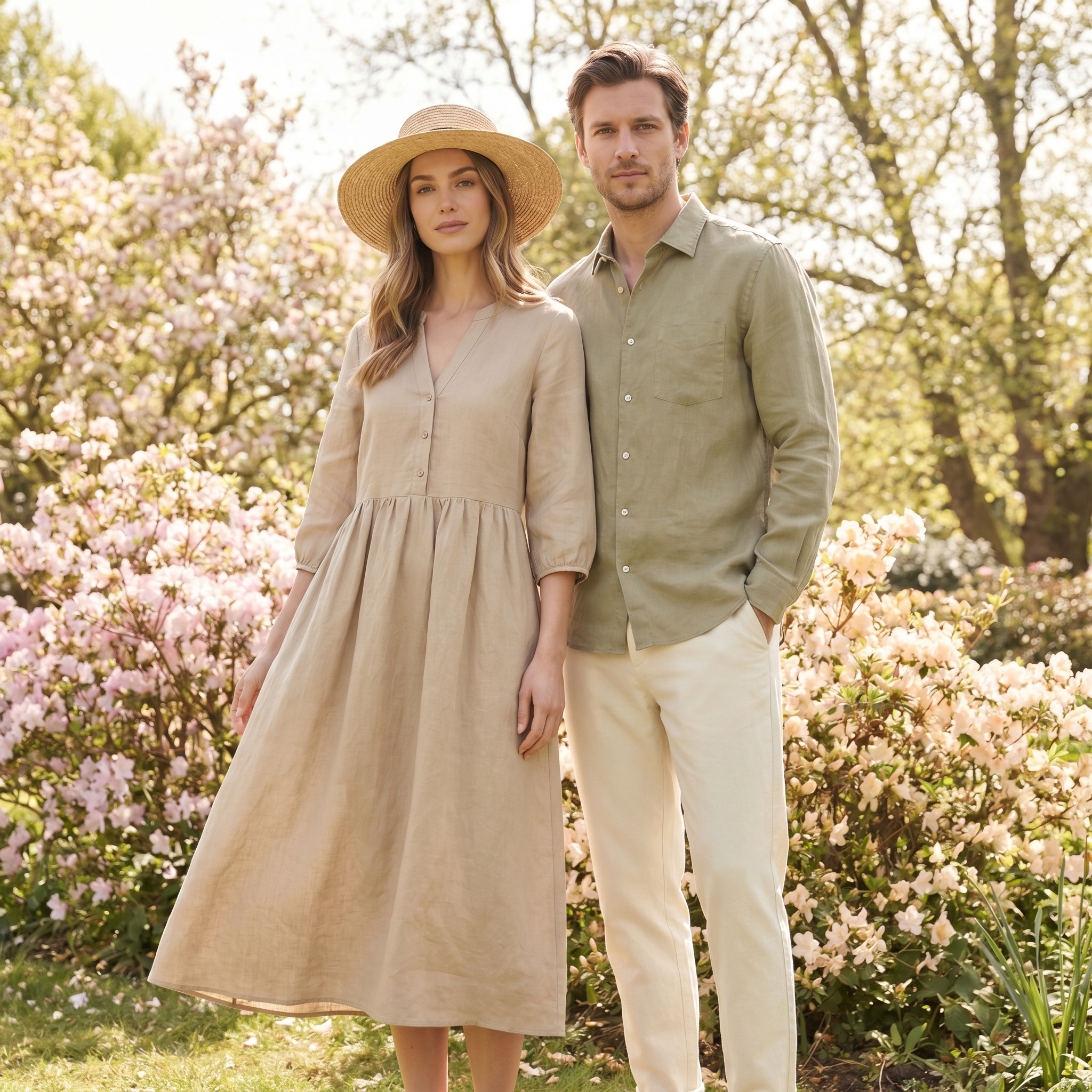 Man and woman standing in a garden with blooming flowers