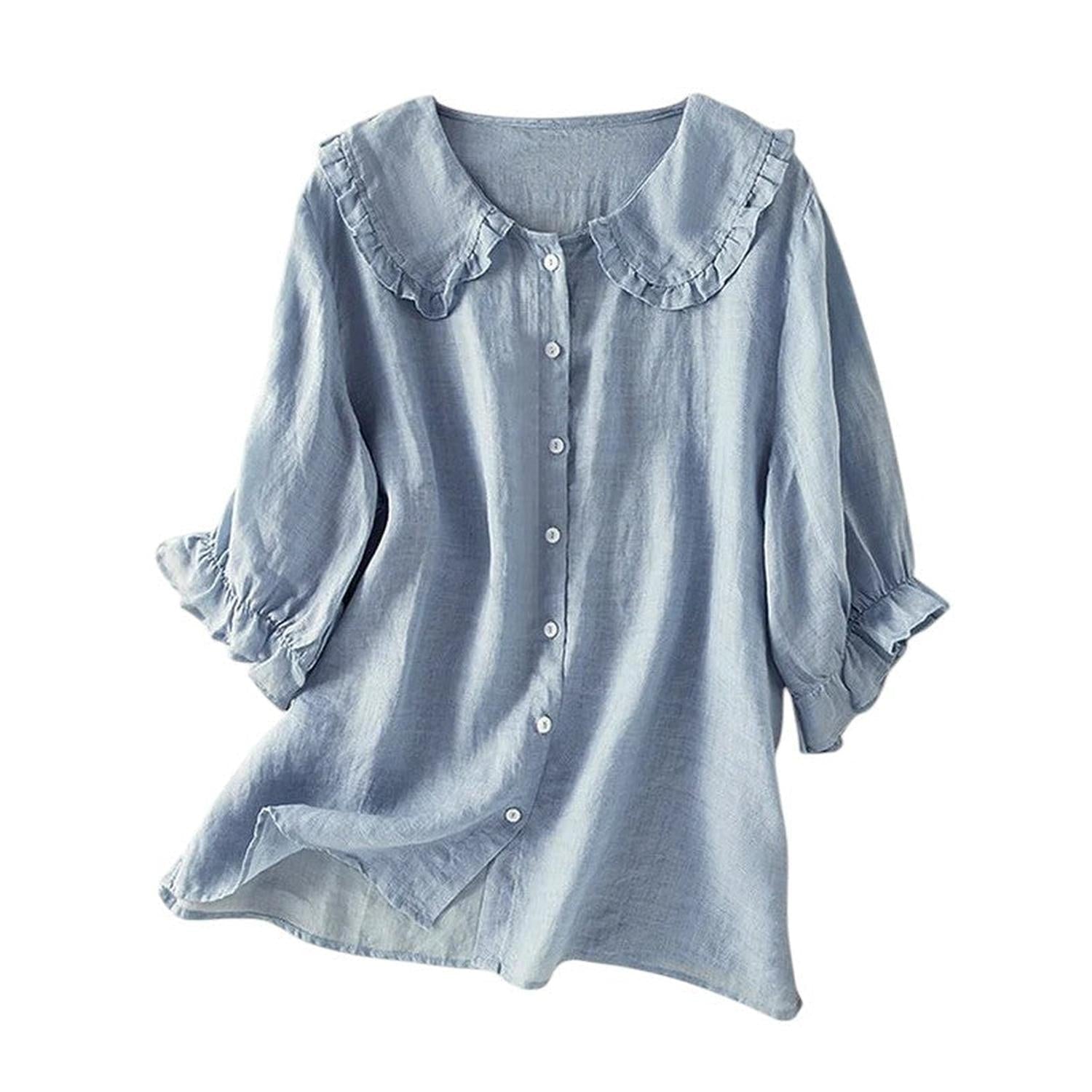 Blouse Women Ruffle Collar Cotton Loose Fit Shirt - Hudson Harper - Blouses