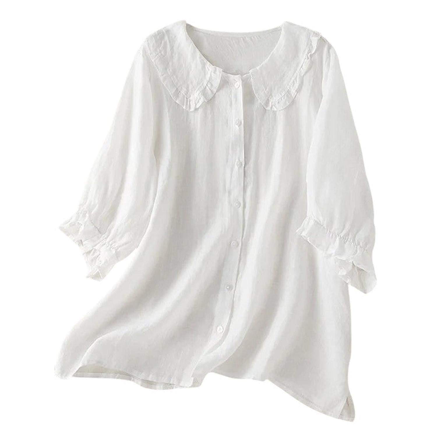 Blouse Women Ruffle Collar Cotton Loose Fit Shirt - Hudson Harper - Blouses