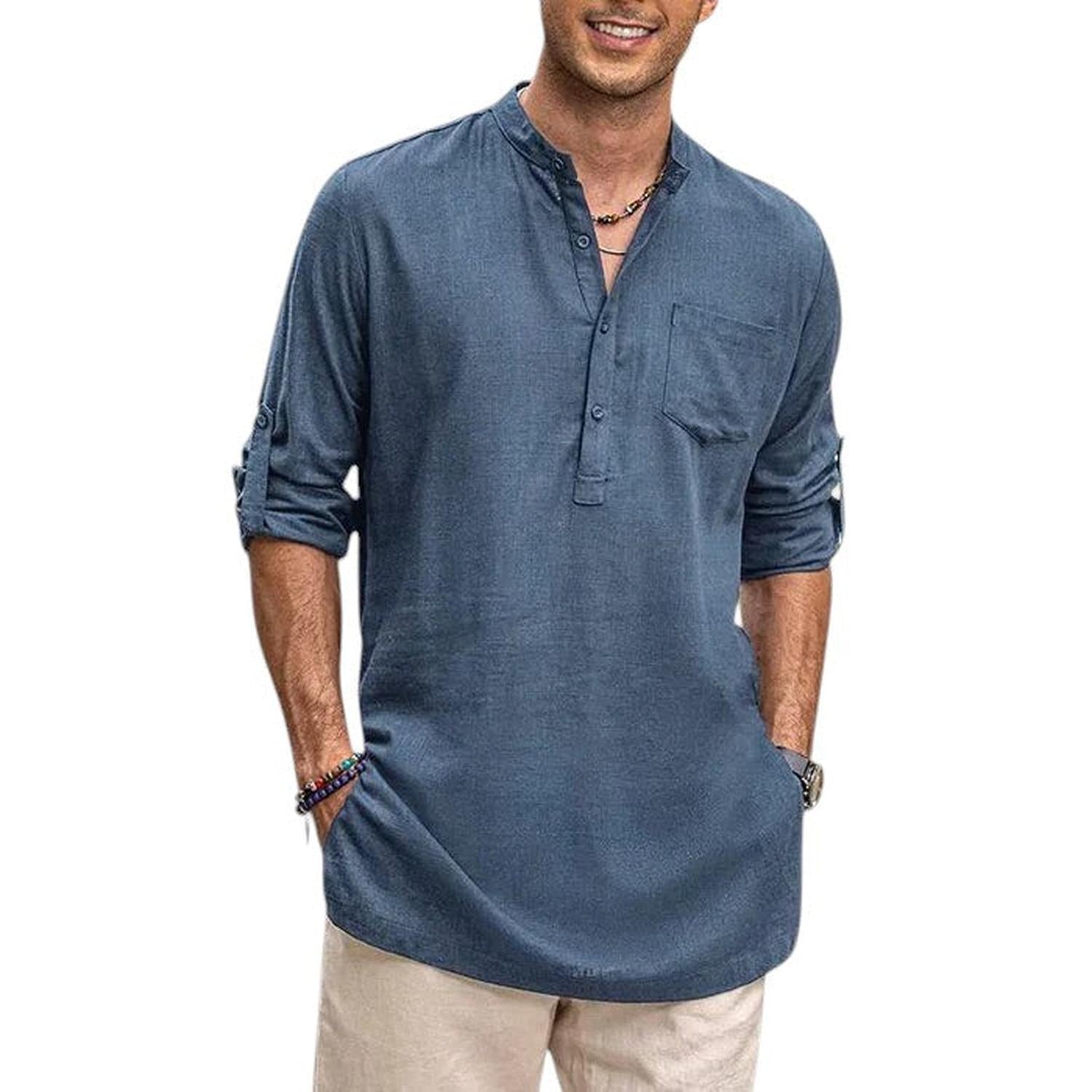 Henley Shirt Men Band Collar Breathable Long Sleeve Casual Fit - Hudson Harper - Tops