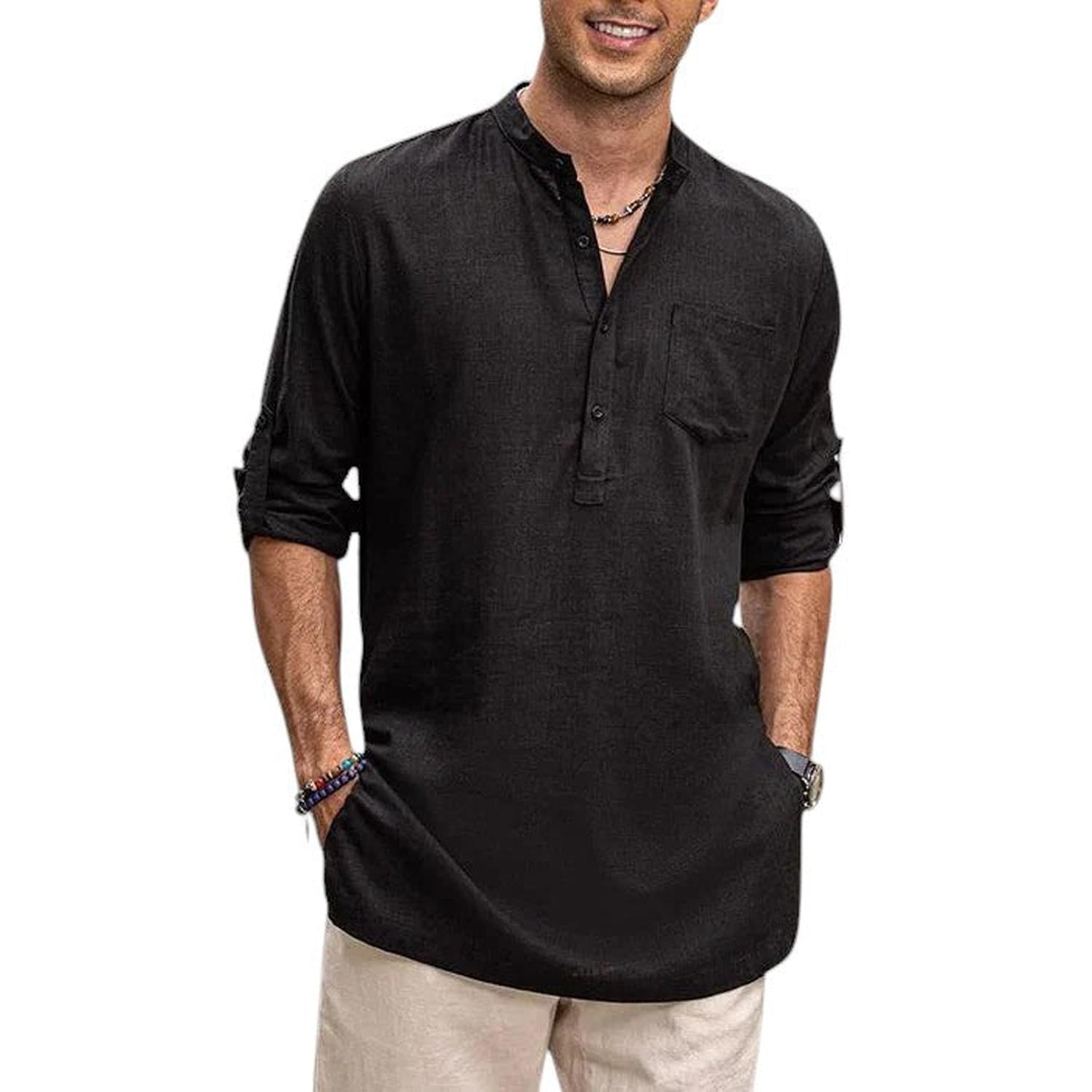 Henley Shirt Men Band Collar Breathable Long Sleeve Casual Fit - Hudson Harper - Tops