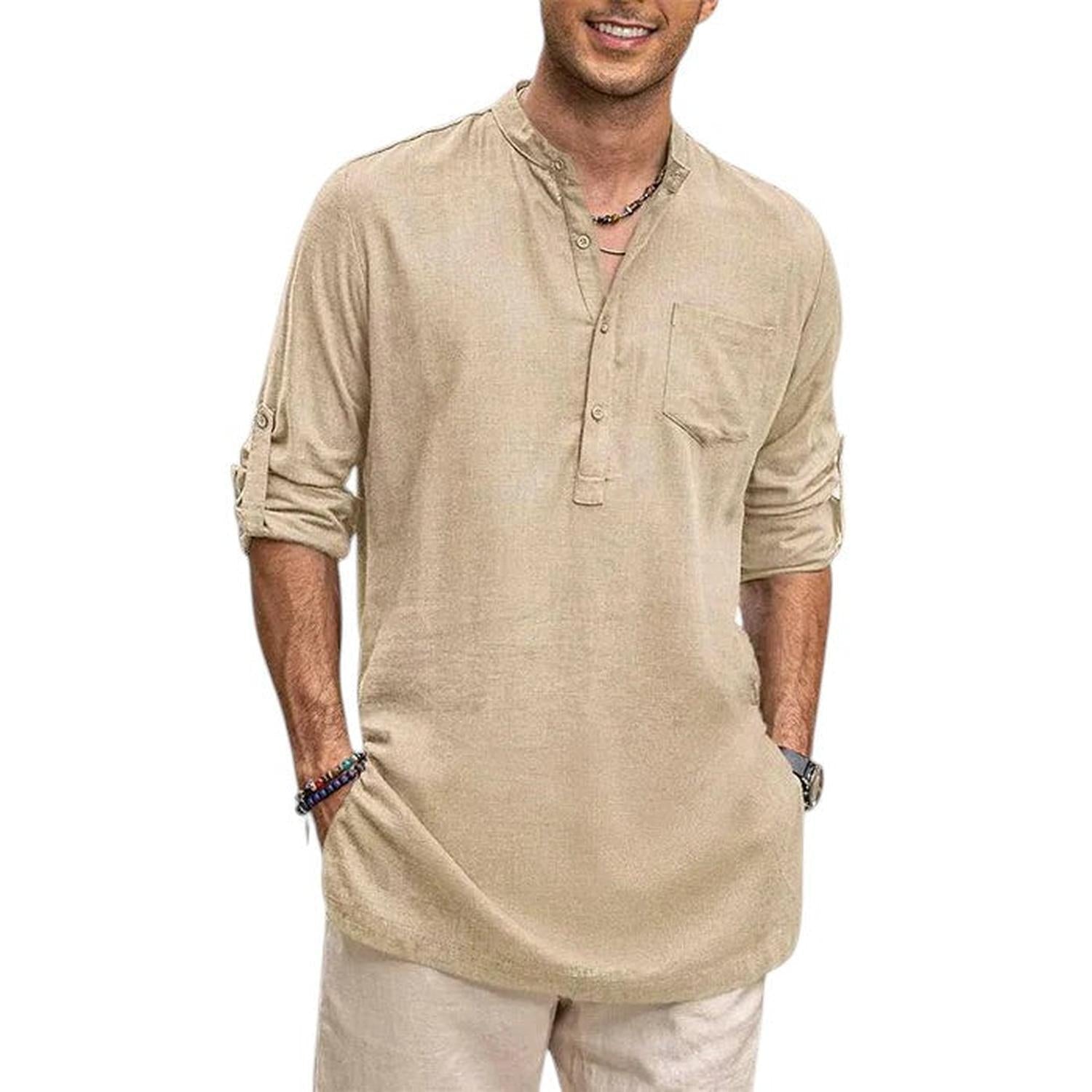 Henley Shirt Men Band Collar Breathable Long Sleeve Casual Fit - Hudson Harper - Tops