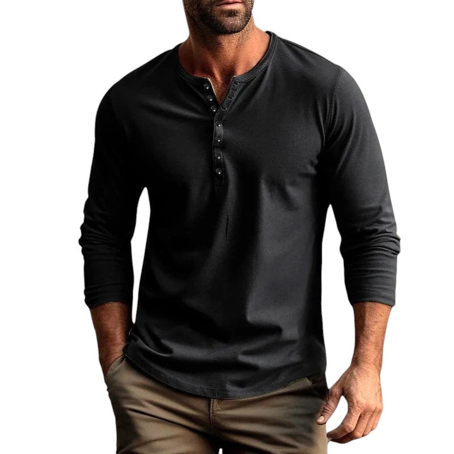 Henley Shirt Men Long Sleeve Regular Fit Button Placket Breathable - Hudson Harper - Tops