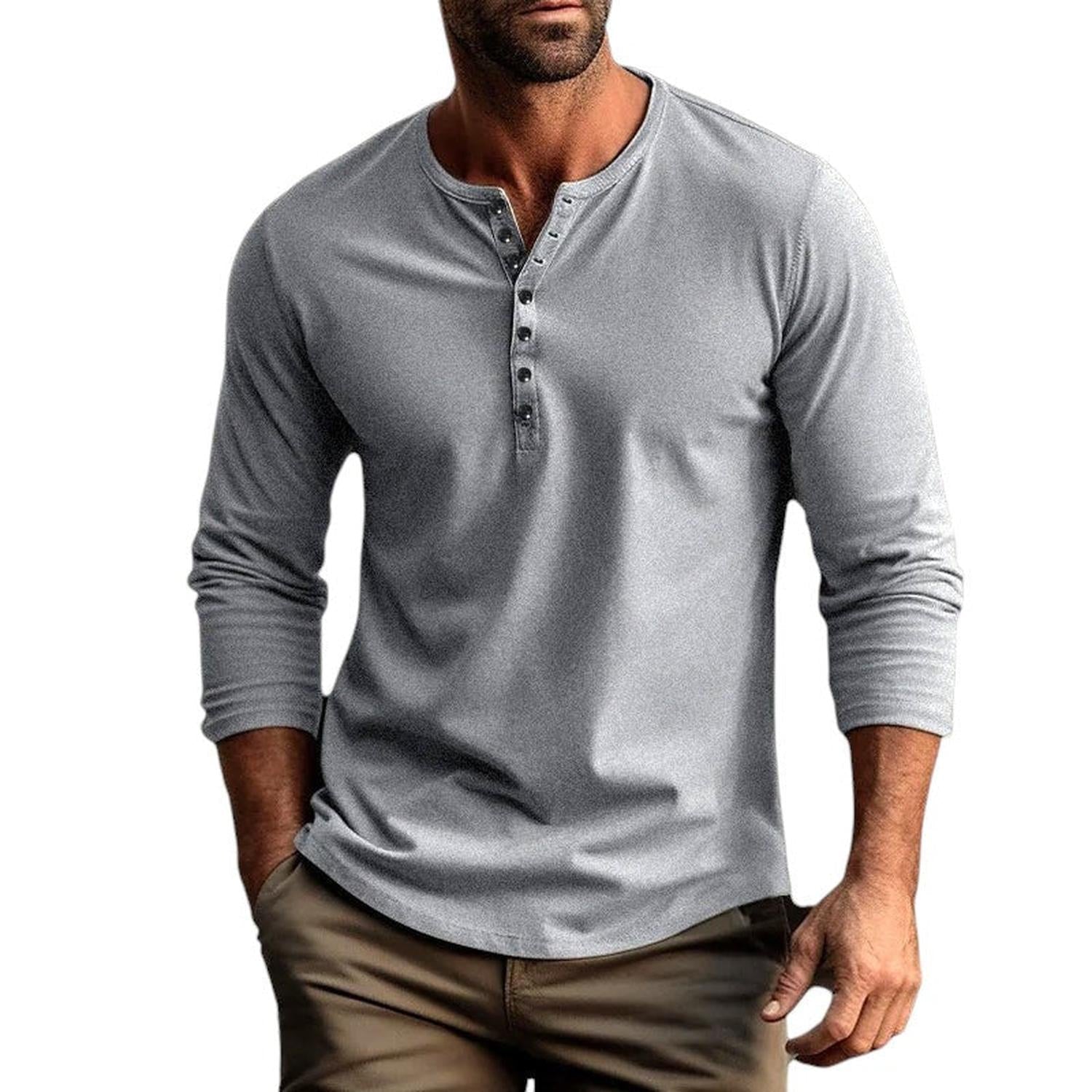 Henley Shirt Men Long Sleeve Regular Fit Button Placket Breathable - Hudson Harper - Tops