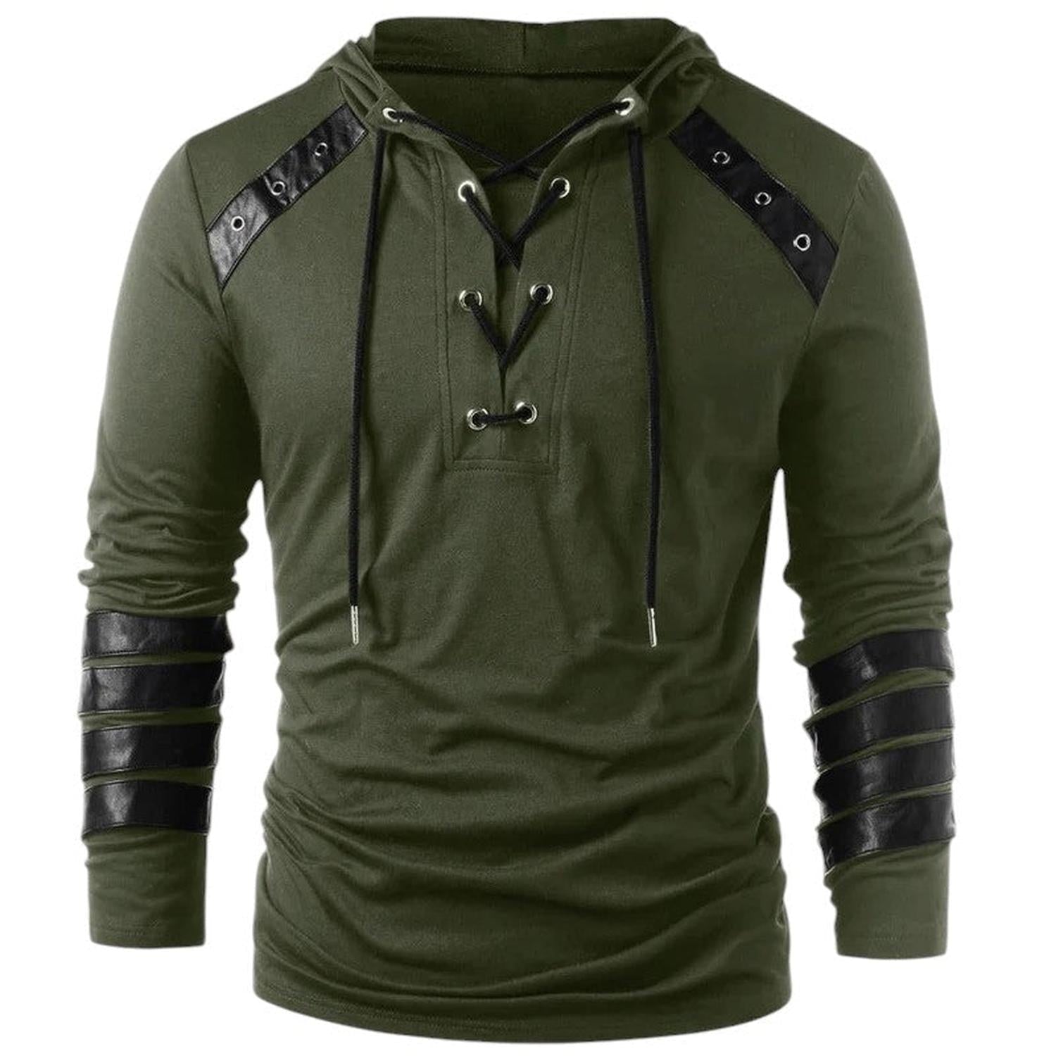 Hoodie Men Lace - Up V - Neck Faux Leather Panels Long Sleeve Casual Wear - Hudson Harper - Tops