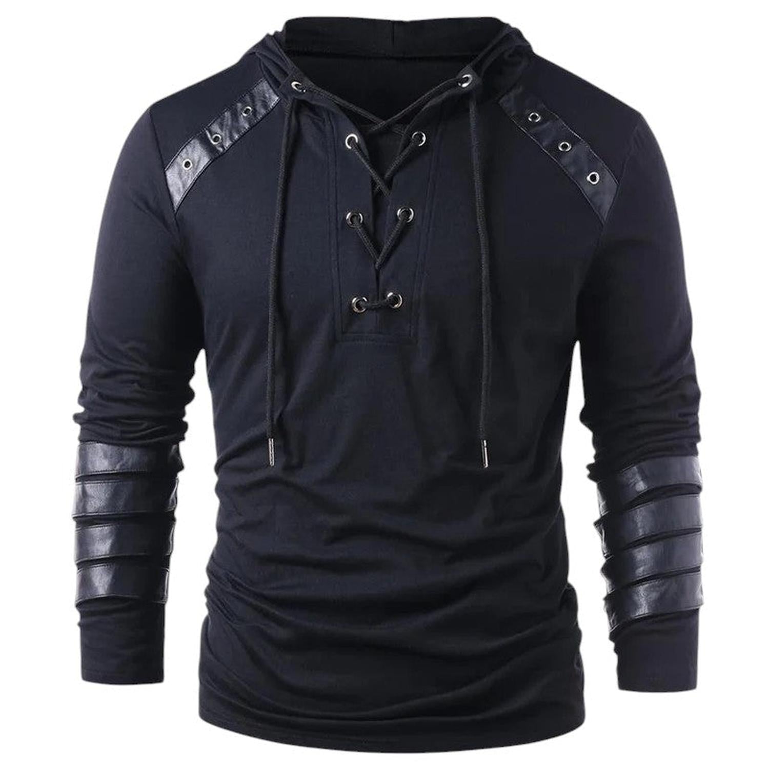 Hoodie Men Lace - Up V - Neck Faux Leather Panels Long Sleeve Casual Wear - Hudson Harper - Tops