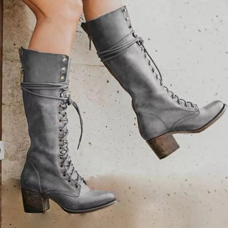 Knee High Boots Women Adjustable Lace Up Knee Length Closure Design - Hudson Harper - Women Boots