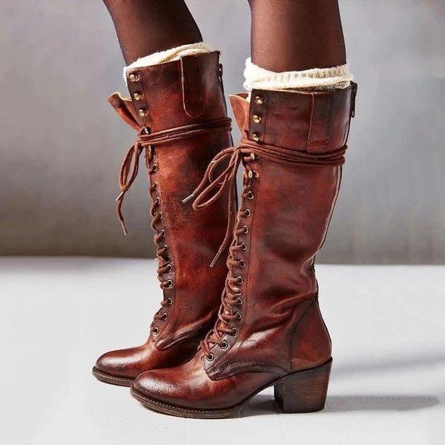 Knee High Boots Women Adjustable Lace Up Knee Length Closure Design - Hudson Harper - Women Boots